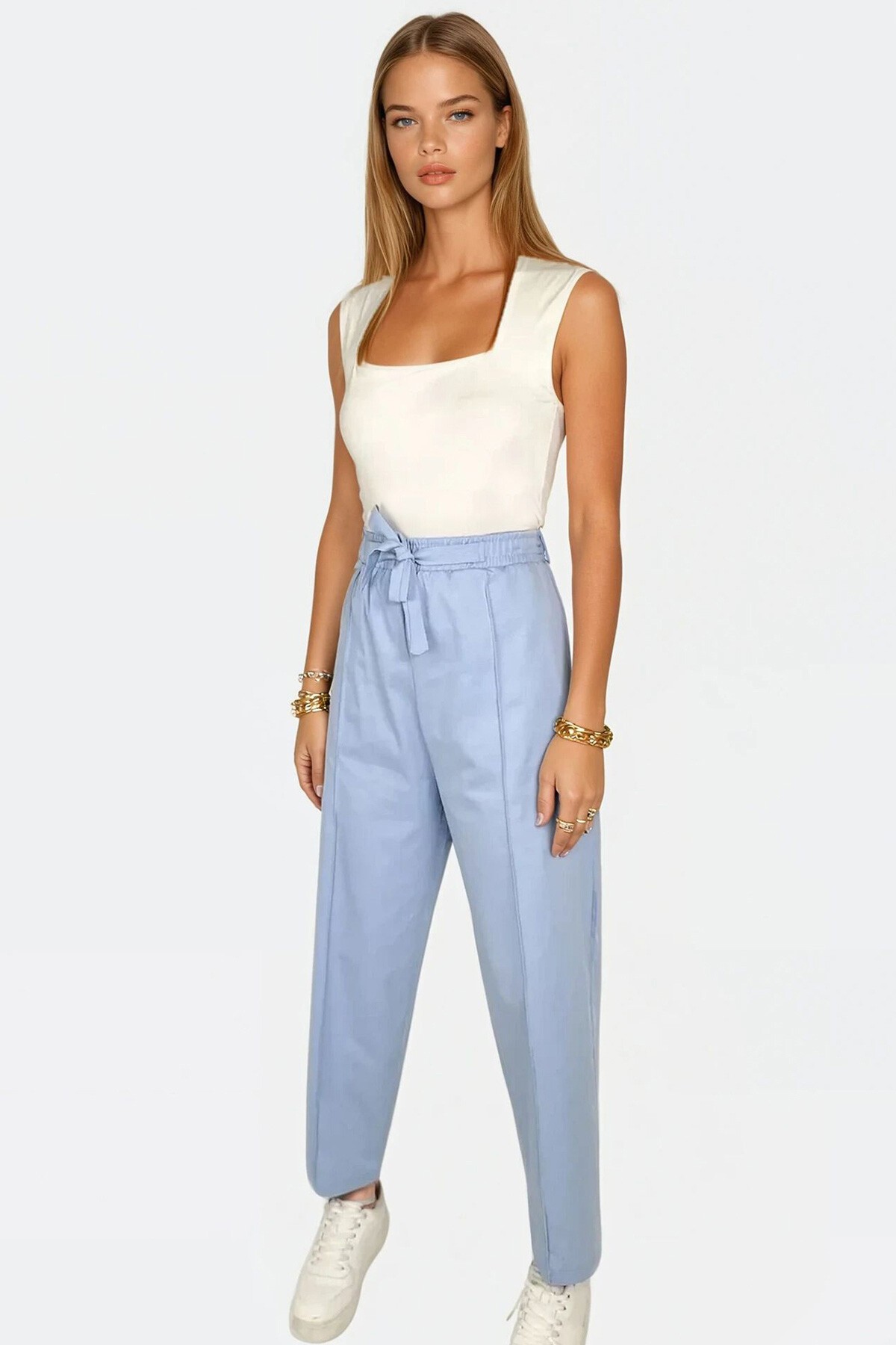 Mavi Yüksek Bel Önü Çimalı Çift Cepli Keten Palazzo Pantolon