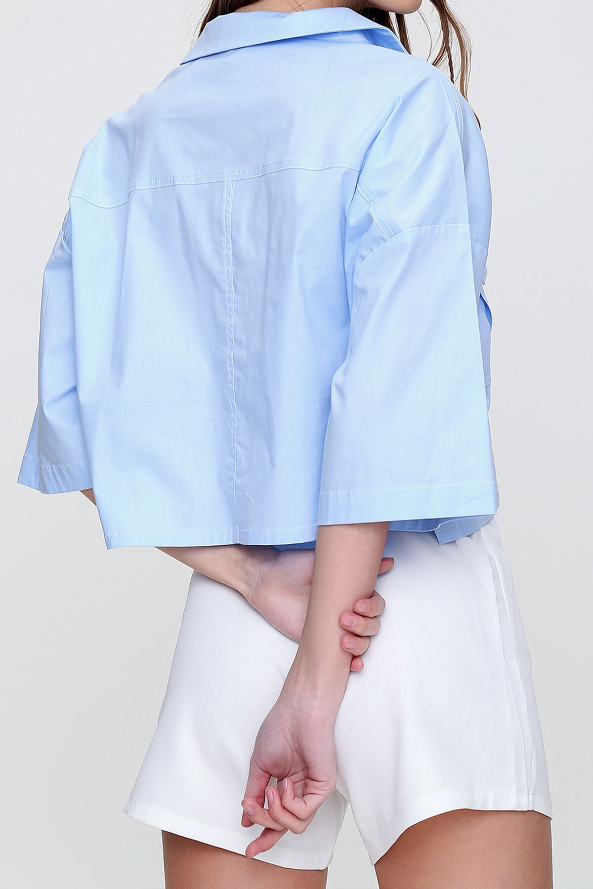 Mavi Zarf Cepli Crop Poplin Gömlek