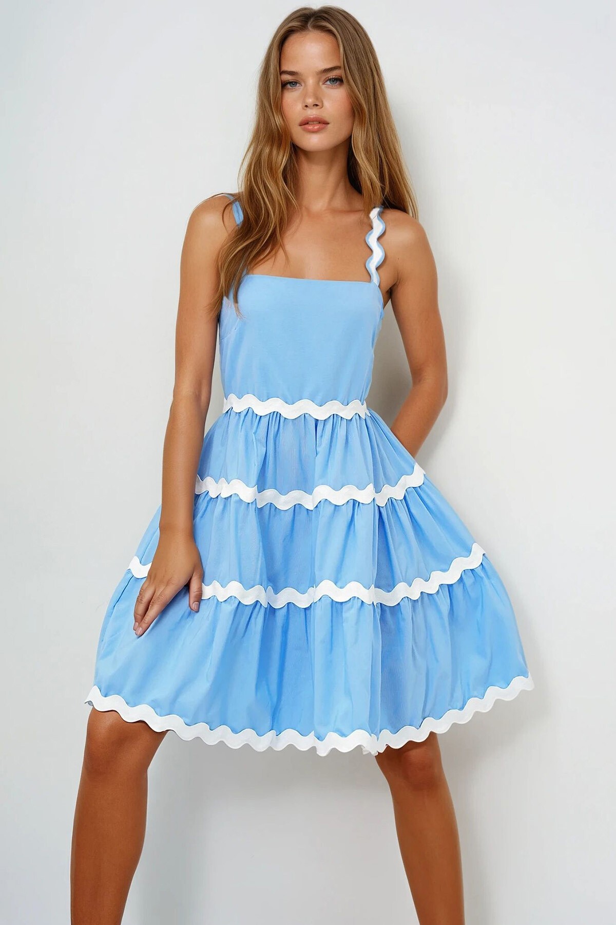 Mavi Zigzag Şerit Detaylı Gizli Fermuarlı Poplin Balon Elbise