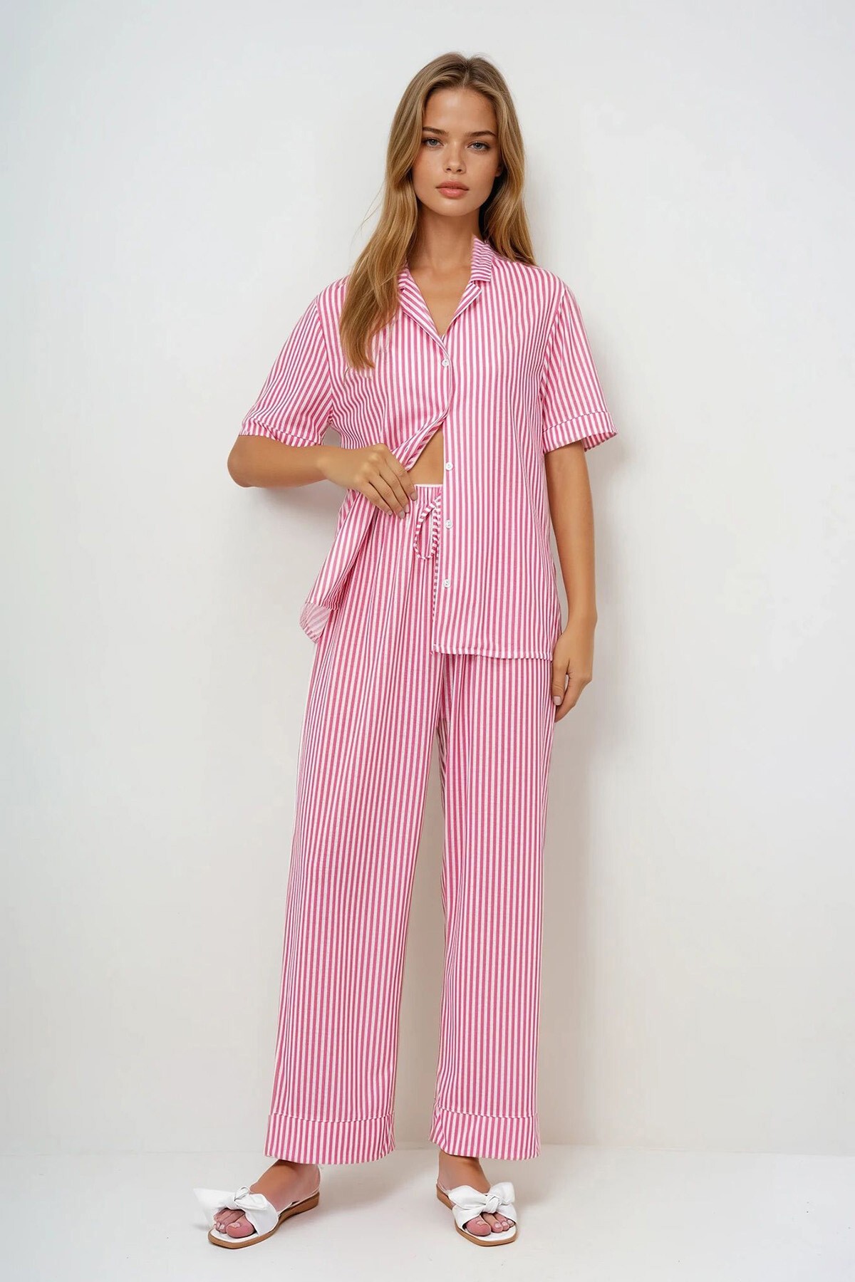 Mercan Duble Kol Ve Paça Detaylı Çizgili Gömlek Ve Pantolonlu Pijama Takımı