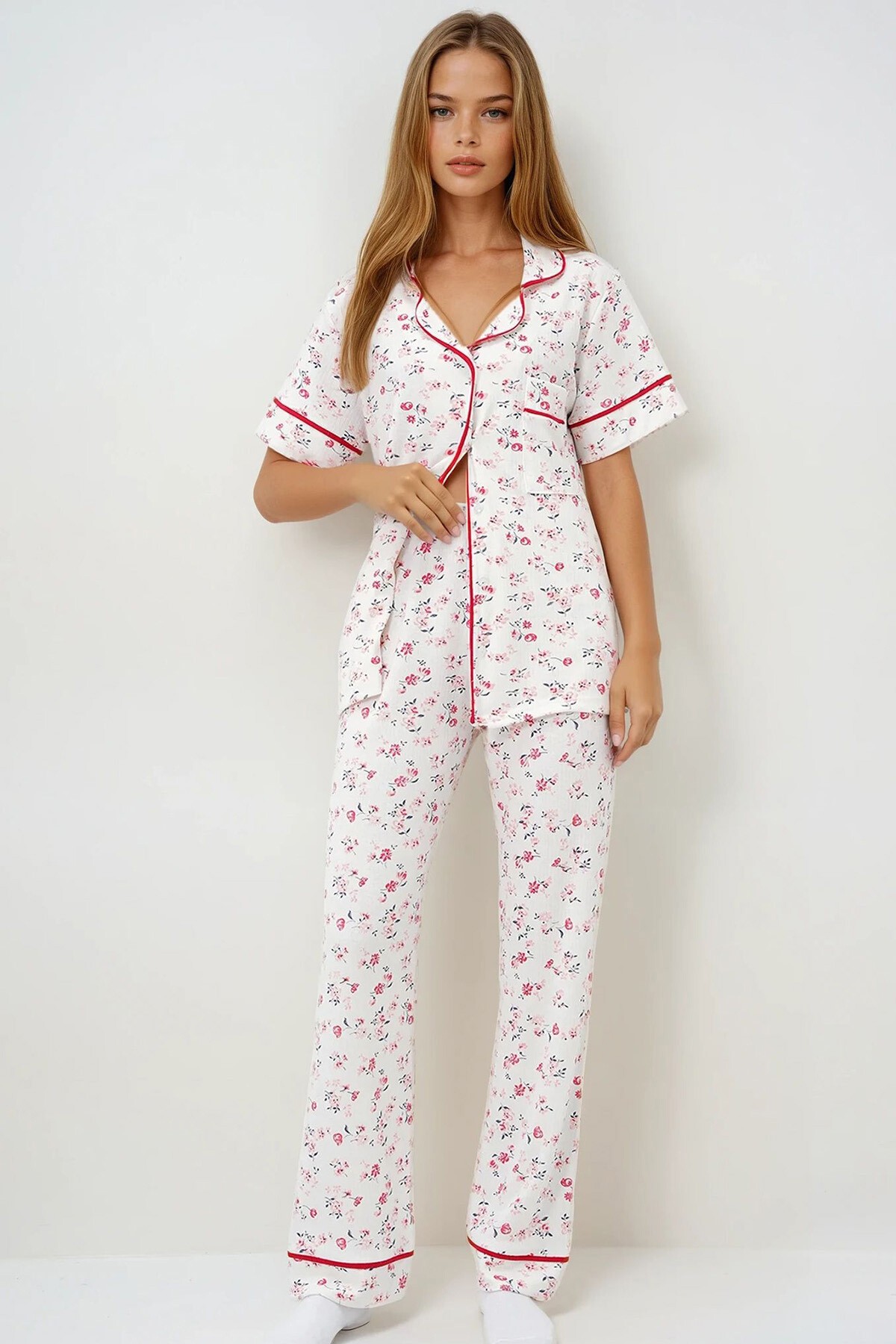 Mikro Çiçek Nar Tek Cepli Biye Detaylı Pamuklu Gömlek Ve Pantolonlu Pijama Takımı