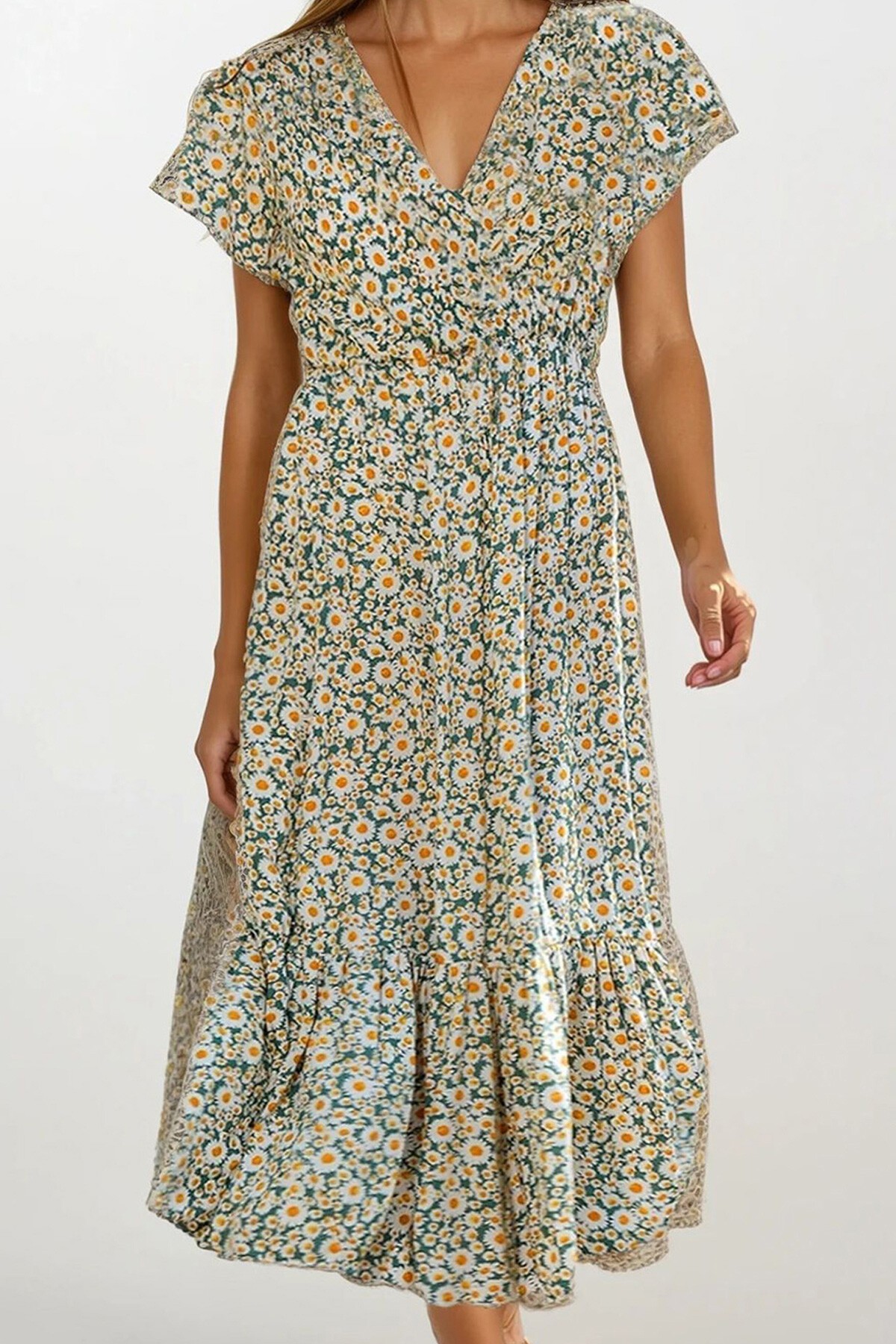 Mint Çiçek Desenli Kruvaze Maxı Boy Elbise