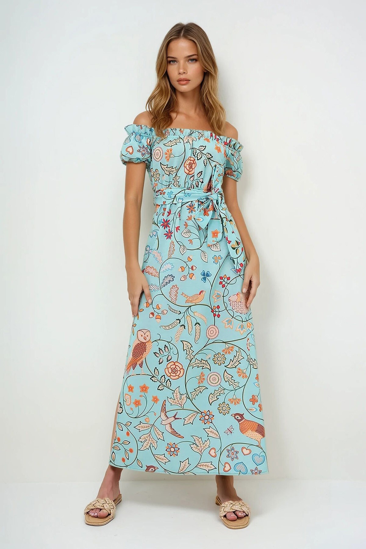 Mint Yeşili Dijital Baskılı Yakası Ve Kolları Fırfırlı Beli Kemerli Yırtmaçlı Elbise