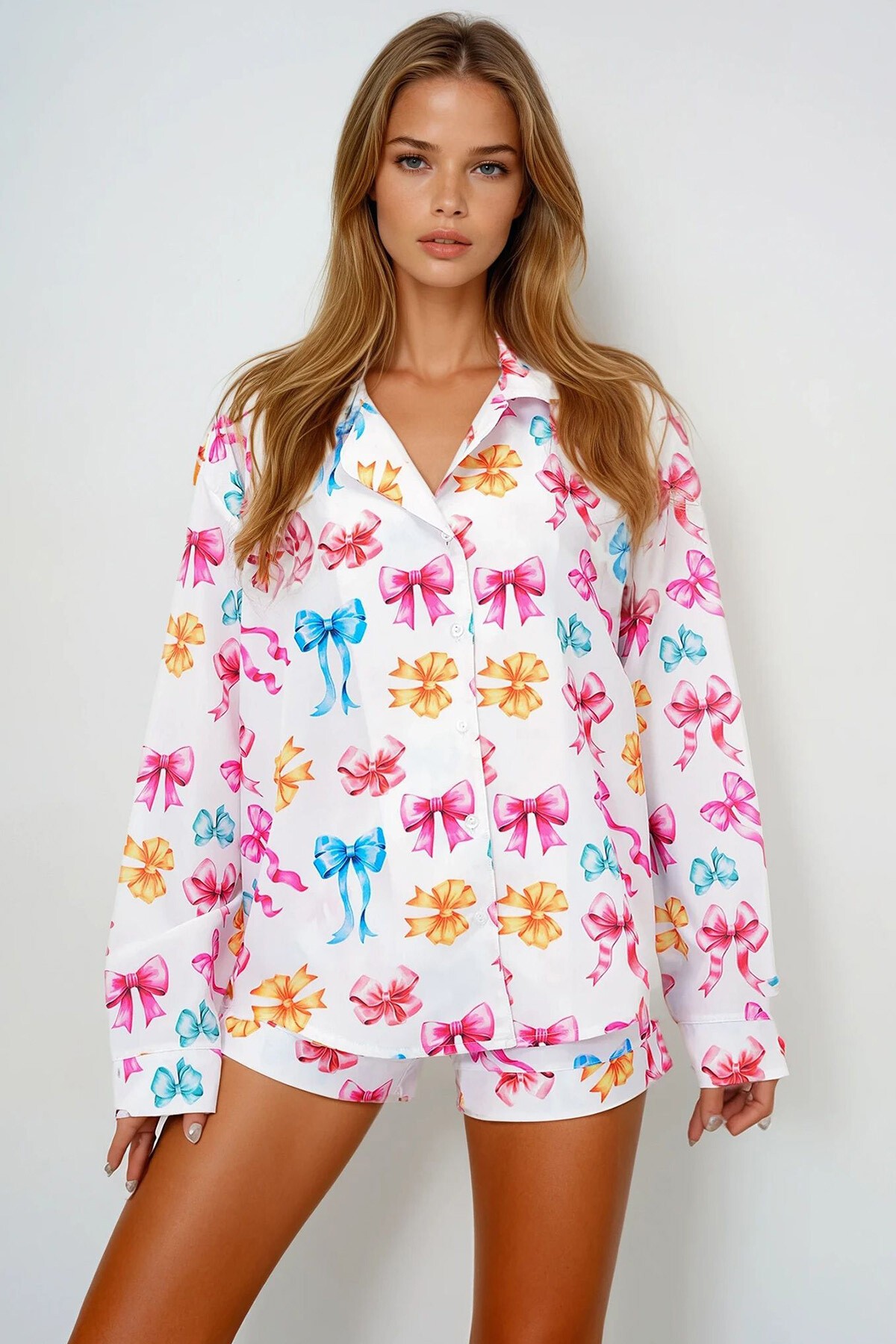 Mix Duble Manşet Ve Paça Detaylı Dokuma Gömlek Ve Şortlu Pijama Takımı