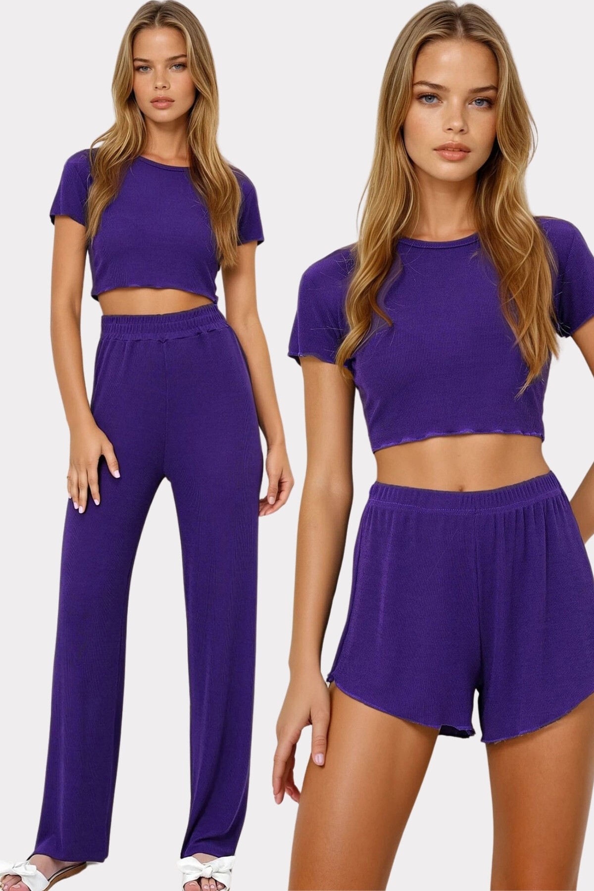 Mor Bisiklet Yaka Crop Bluz, Şort Ve Pantolonlu 3 Lü Set Pijama Takımı