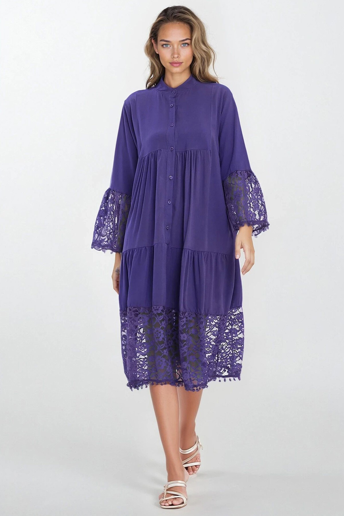 Mor Hakim Yaka Önü Düğmeli Dantelli Viskon Elbise