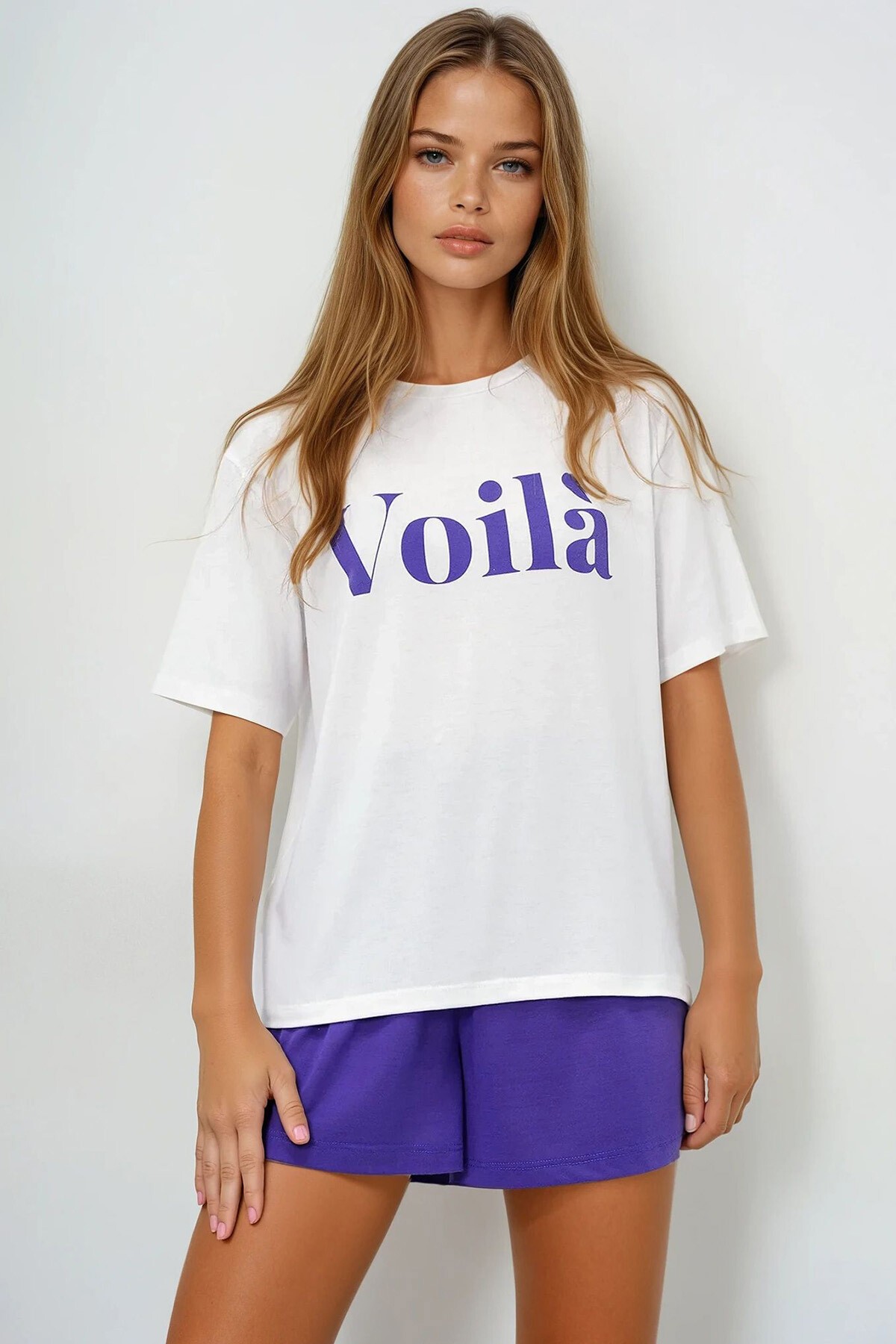 Mor Önü Yazı Baskılı Pamuklu Basic T Shırt Ve Şortlu Penye Alt Üst Takım