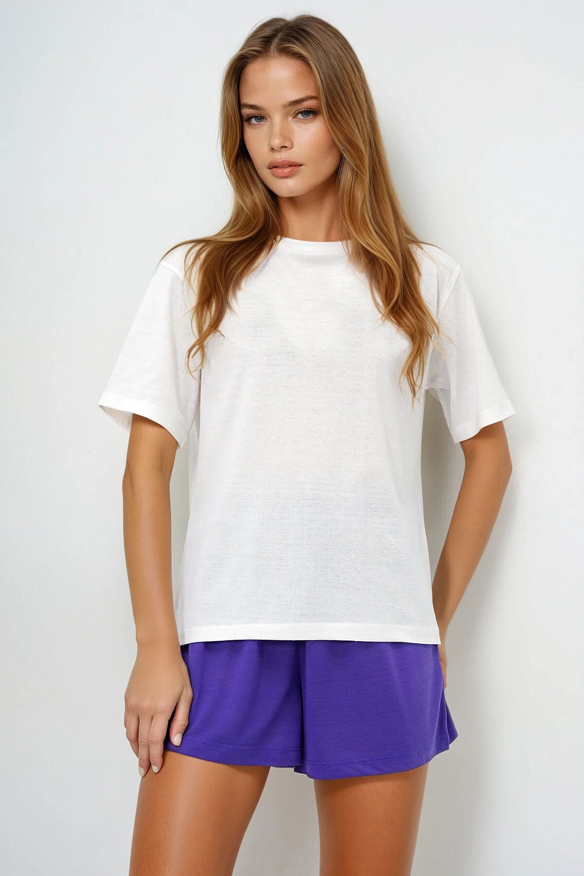 Mor Pamuklu Basic T Shırt Ve Bağlamalı Şortlu Penye Alt Üst Takım