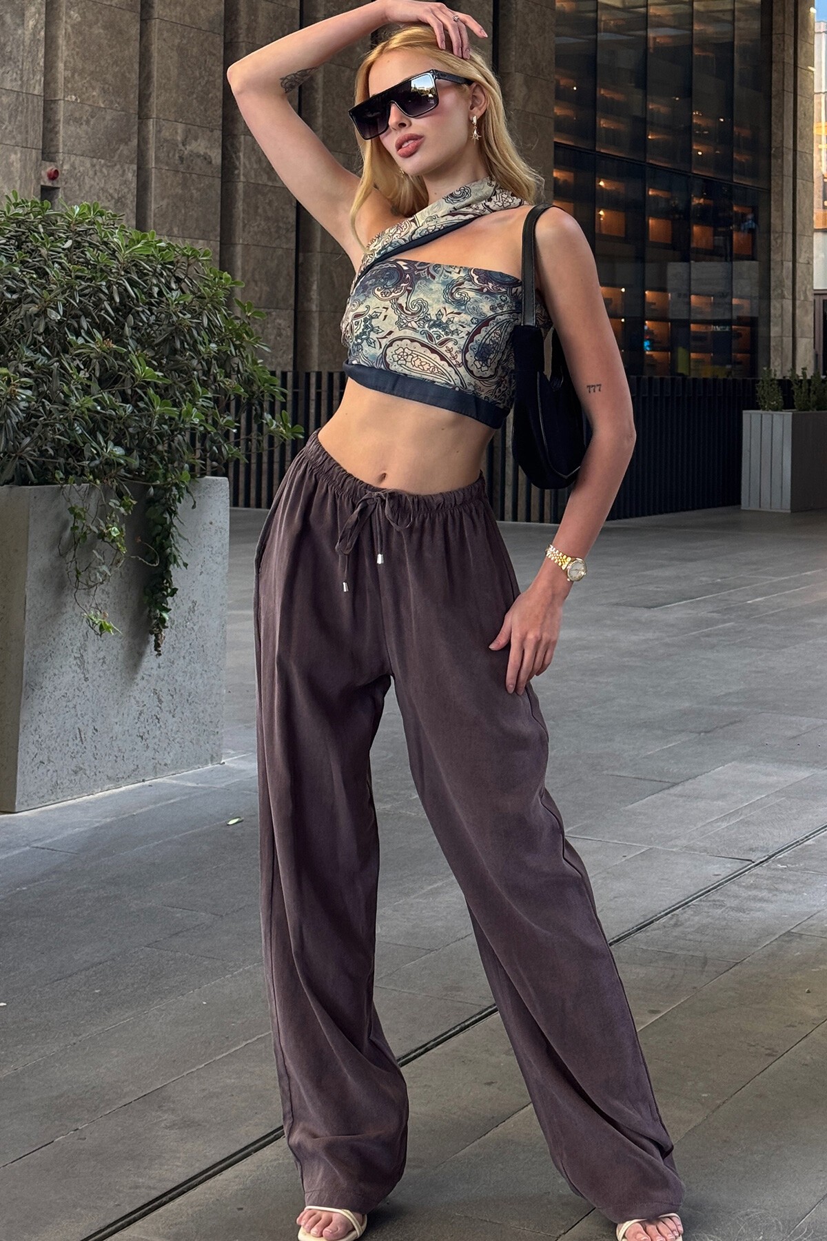 Mürdüm Beli Lastikli Palazzo Keten Pantolon