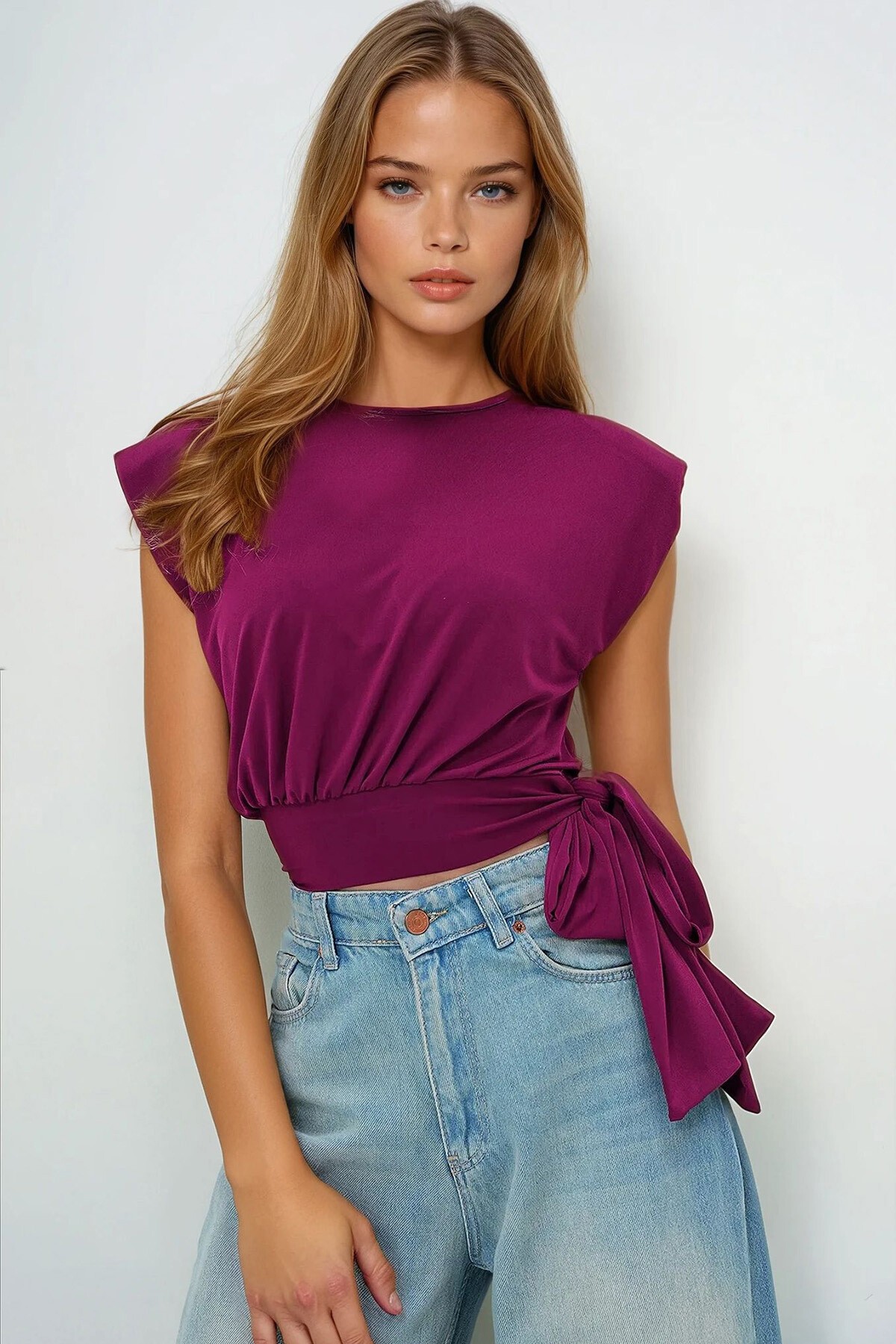 Mürdüm Bisiklet Yaka Vatkalı Beli Bağlama Detaylı Sandy Bluz