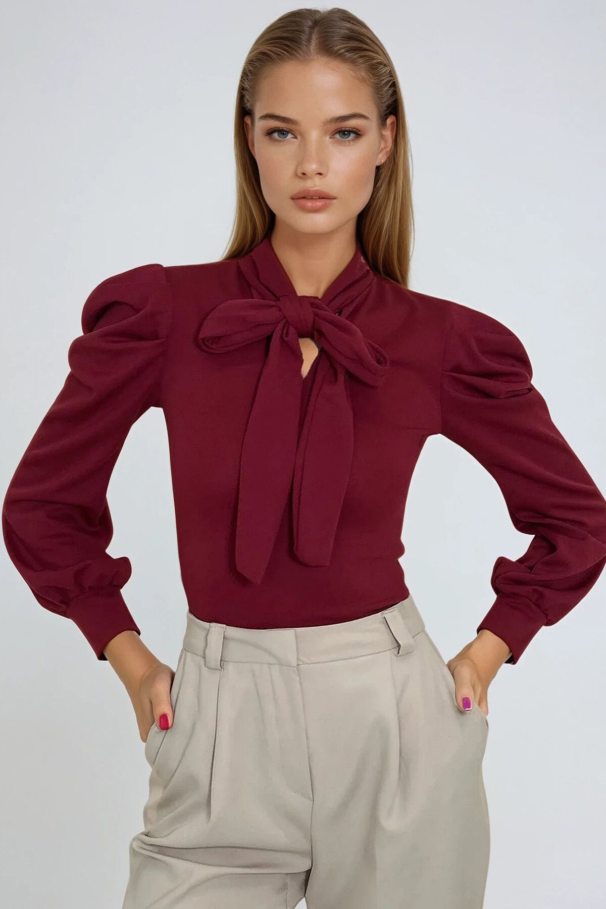 Mürdüm Boyunden Bağlamalı Prenses Kol Dokuma Bluz