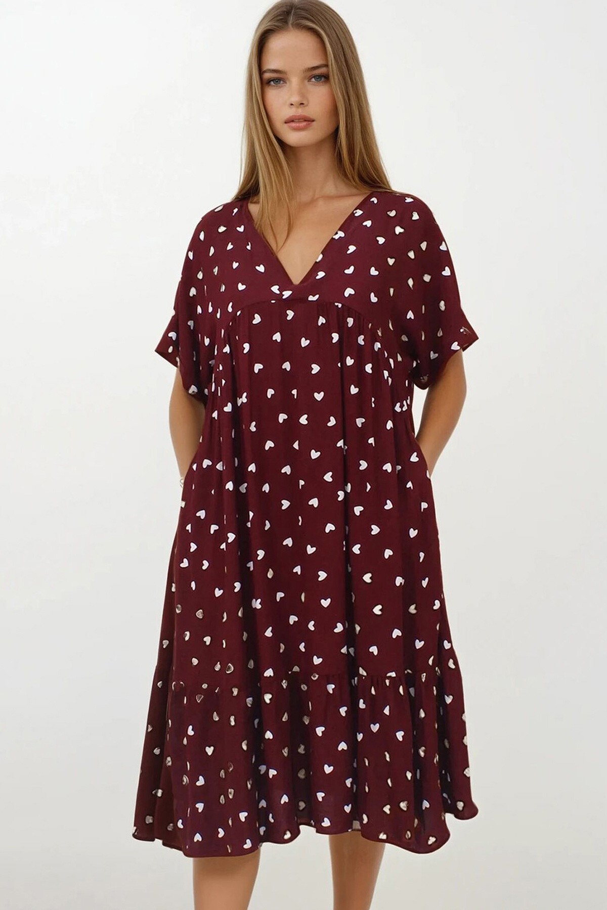 Mürdüm Kruvaze Yaka Eteği Pileli Midi Boy Çift Cepli Elbise Elbise