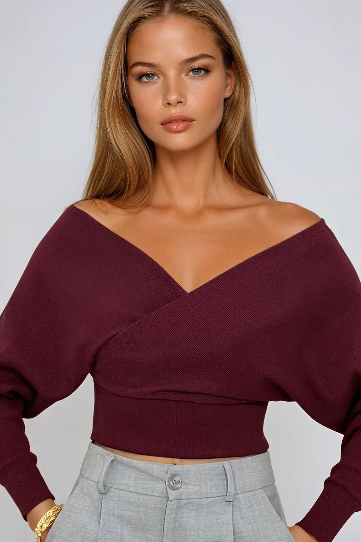 Mürdüm Ön Arka V Yaka Kruvaze Bluz
