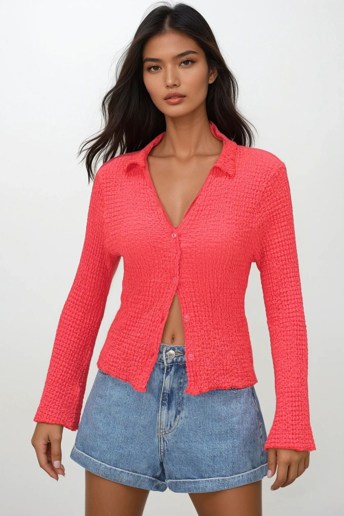 Nar Çiçeği V Yaka İspanyol Kollu Gofre Kumaş Yazlık Gömlek