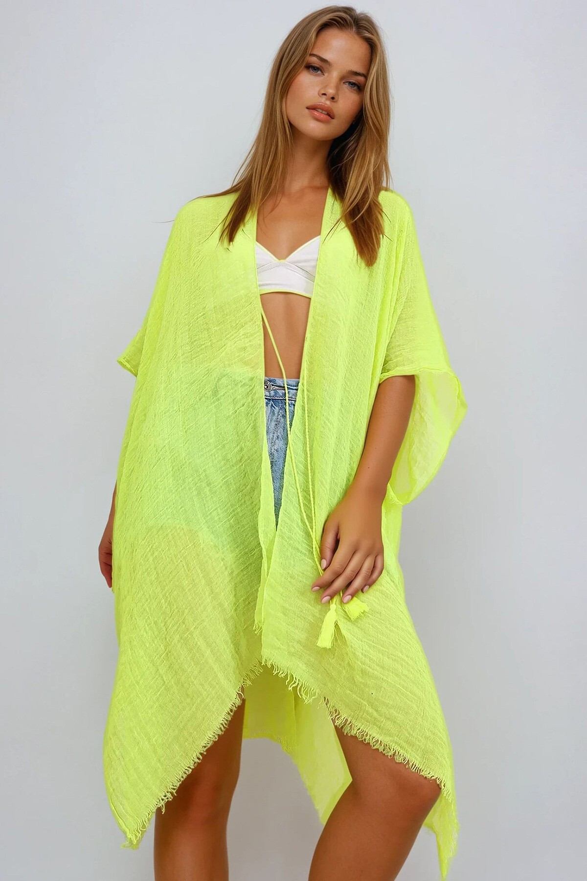 Neon Yeşili Oversize Pamuklu Kimono