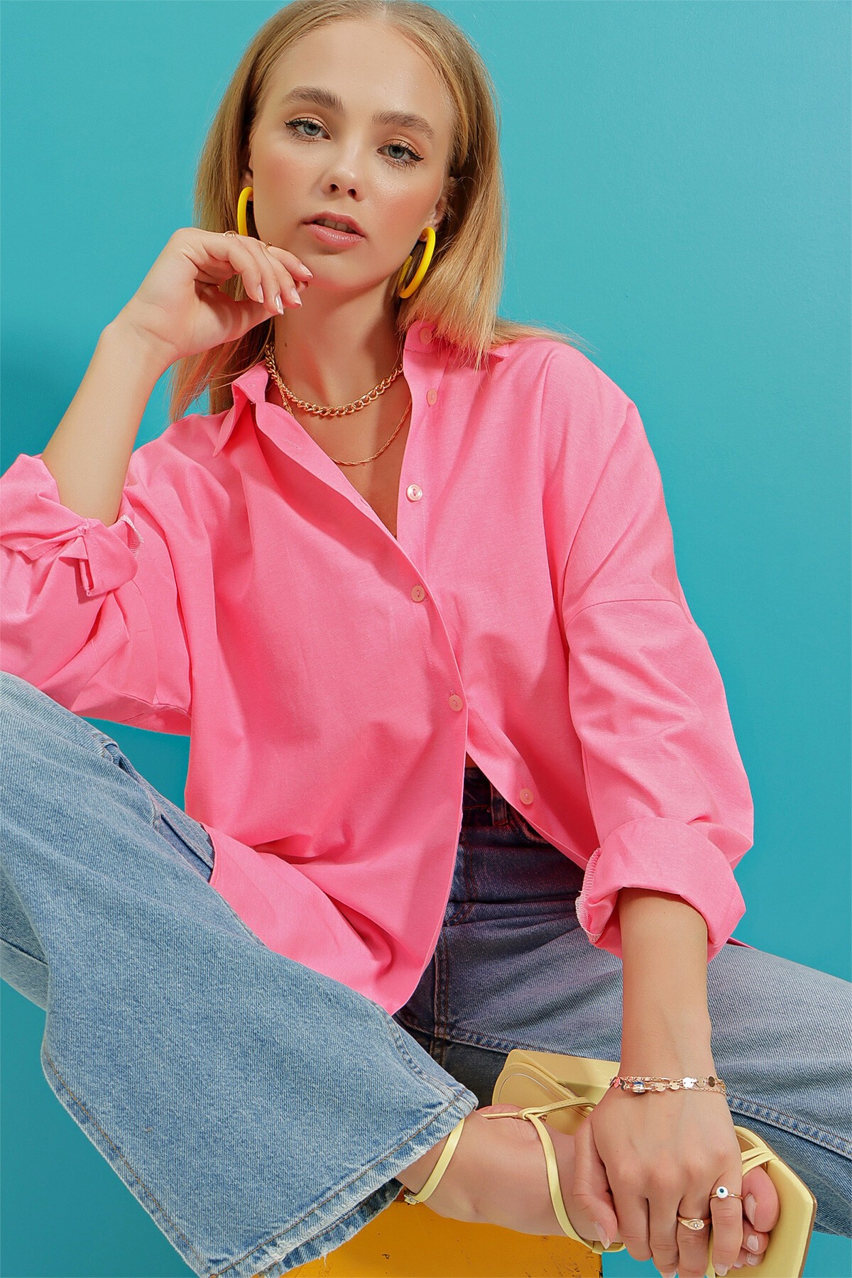 Sıcak Pembe Oversize Uzun Dokuma Gömlek