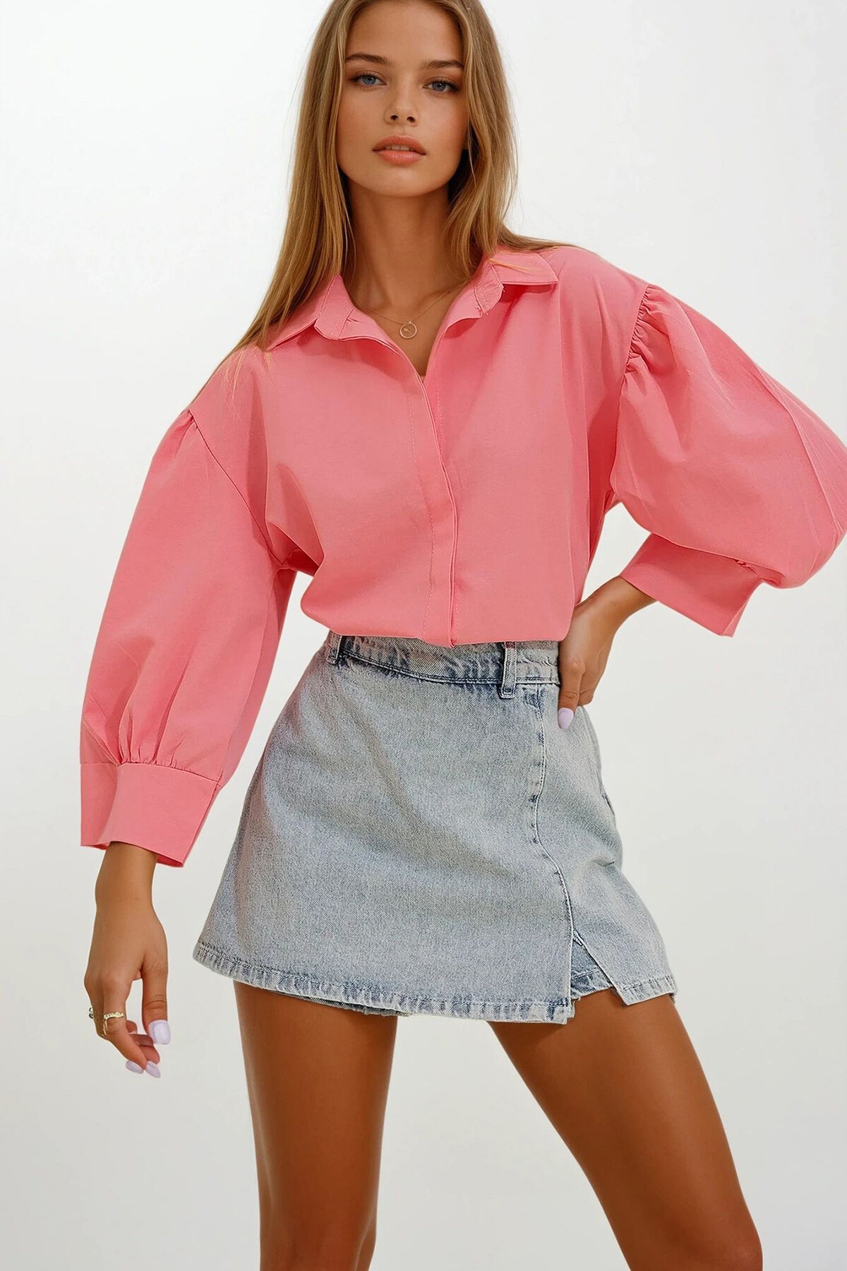 Pembe Balon Kol Gizli Patlı Basic Poplin Gömlek