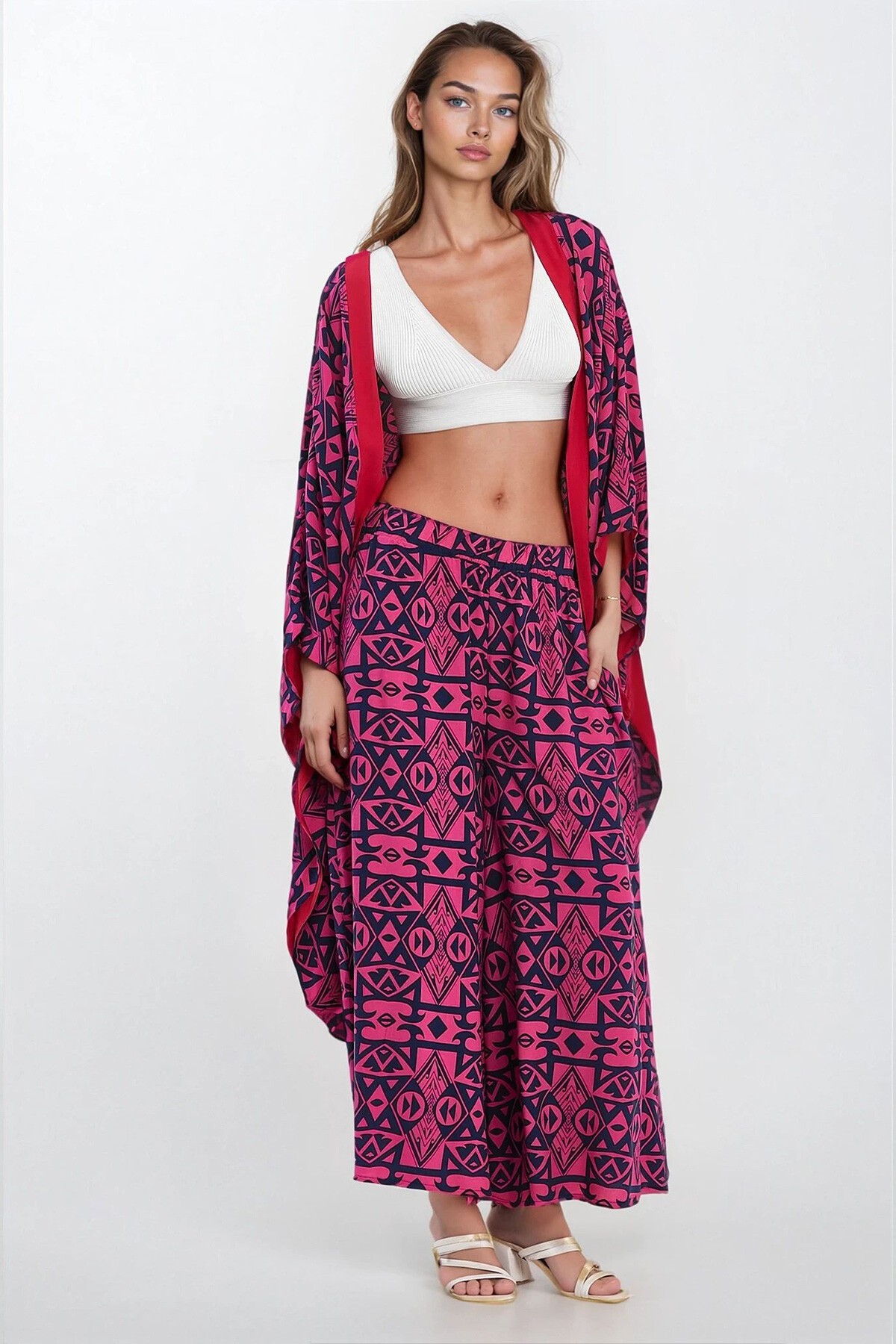 Pembe Beli Lastikli Cepli Pantolon Ve Büyük Beden Viskon Takım