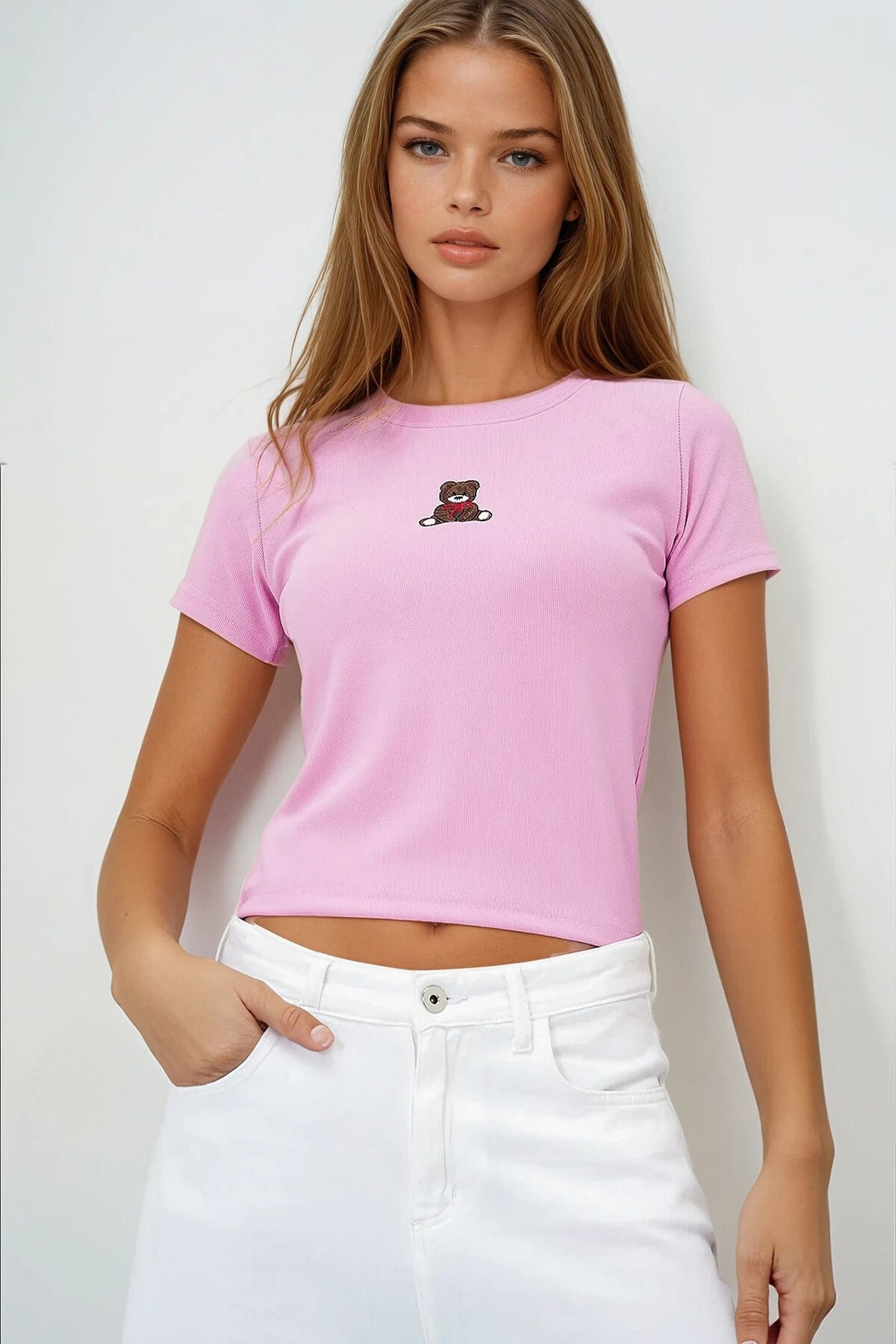 Pembe Bisiklet Yaka Ayıcık Baskılı Crop Bluz