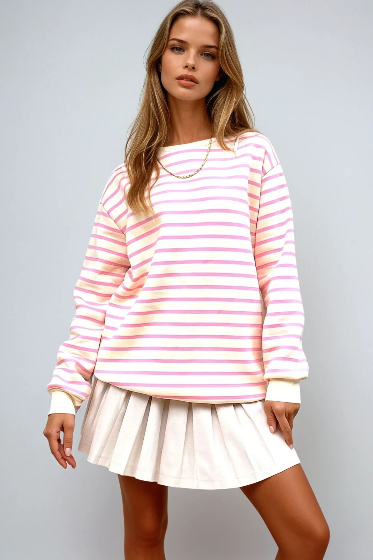 Pembe Bisiklet Yaka Çizgili 3 İplik İçi Şardonlu Sweatshirt