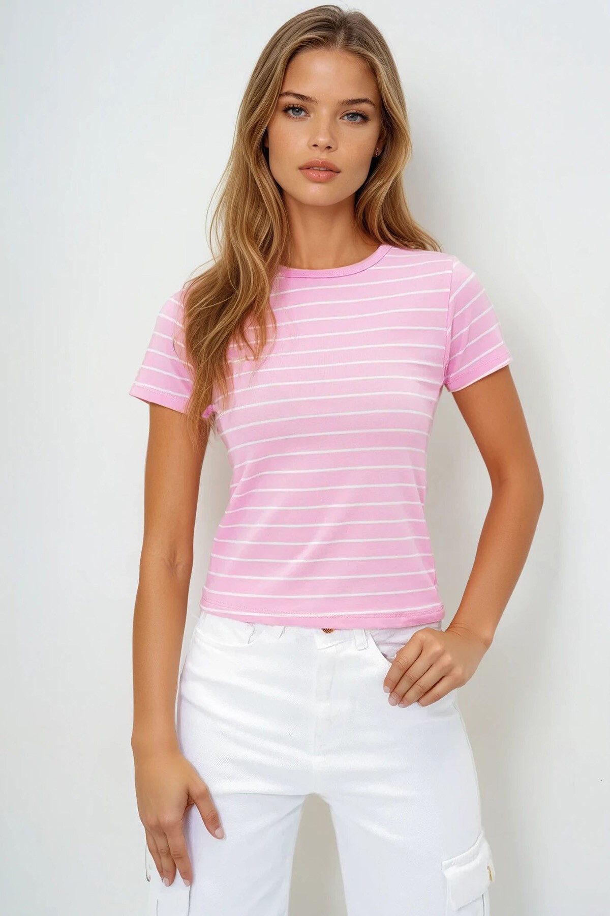 Pembe Bisiklet Yaka Çizgili T Shırt