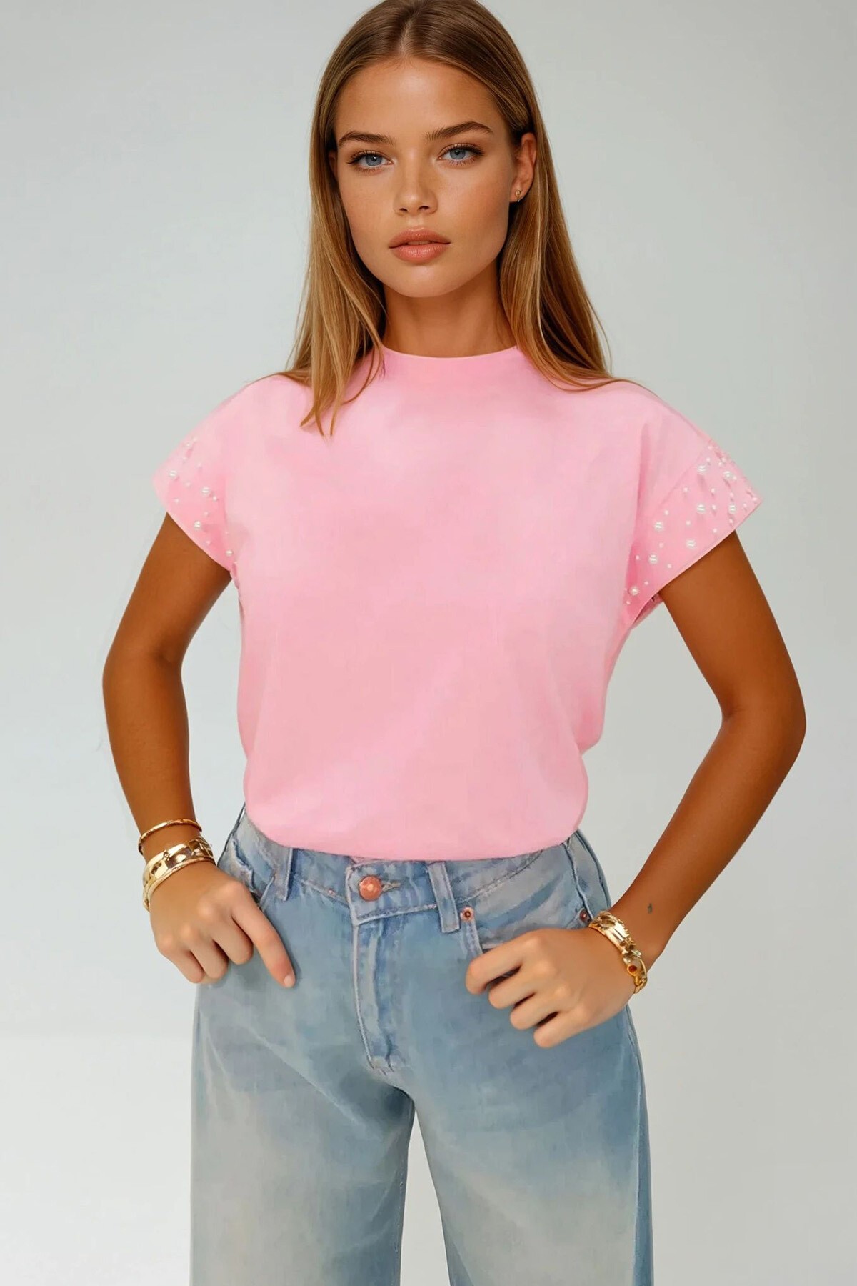 Pembe Bisiklet Yaka İnci Çakımlı Kolsuz  Bluz