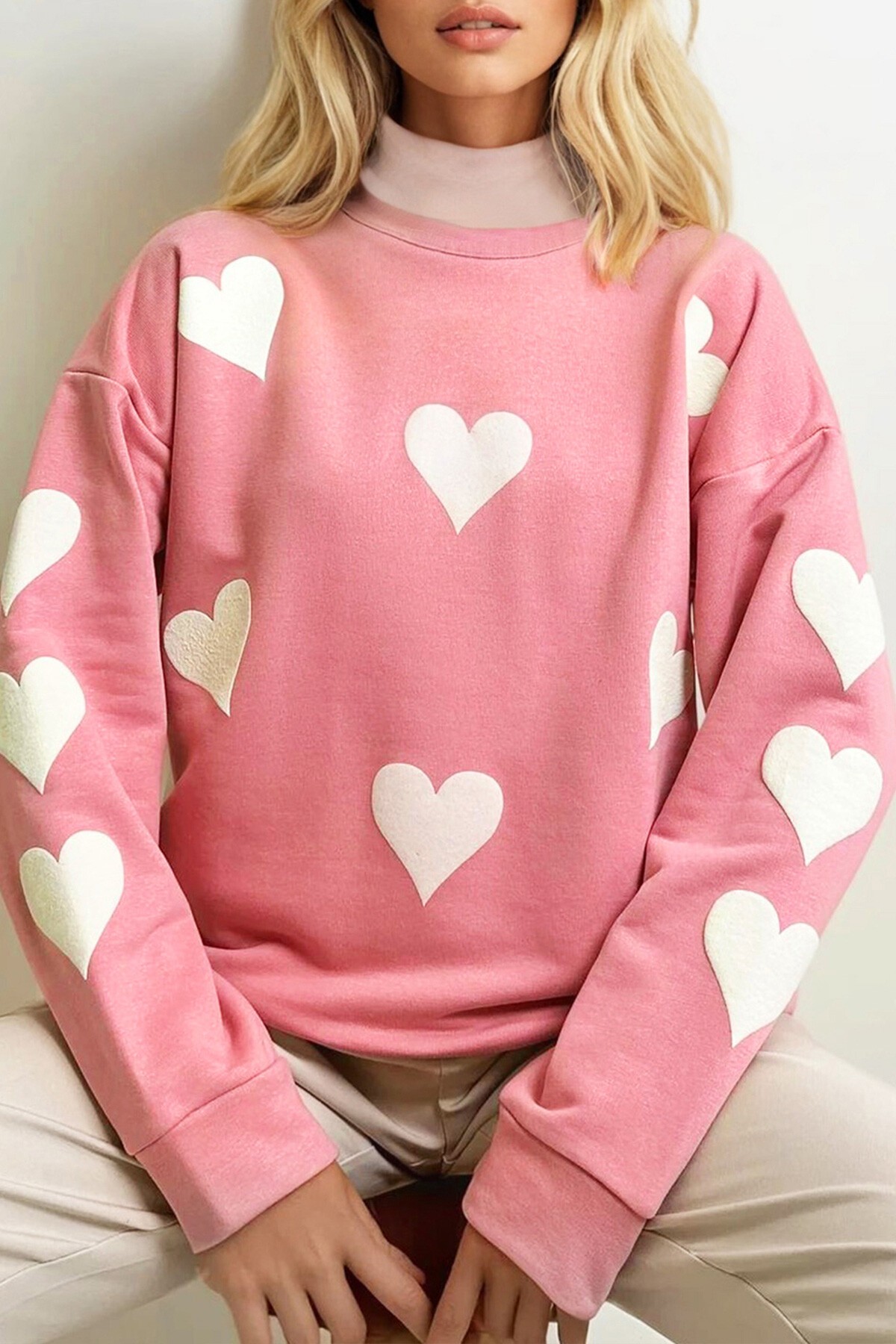 Pembe Bisiklet Yaka Kalp Baskılı 2 İplik Oversize Sweatshırt