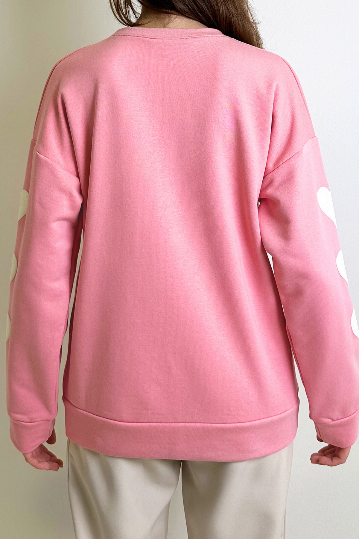 Pembe Bisiklet Yaka Kalp Baskılı 2 İplik Oversize Sweatshırt