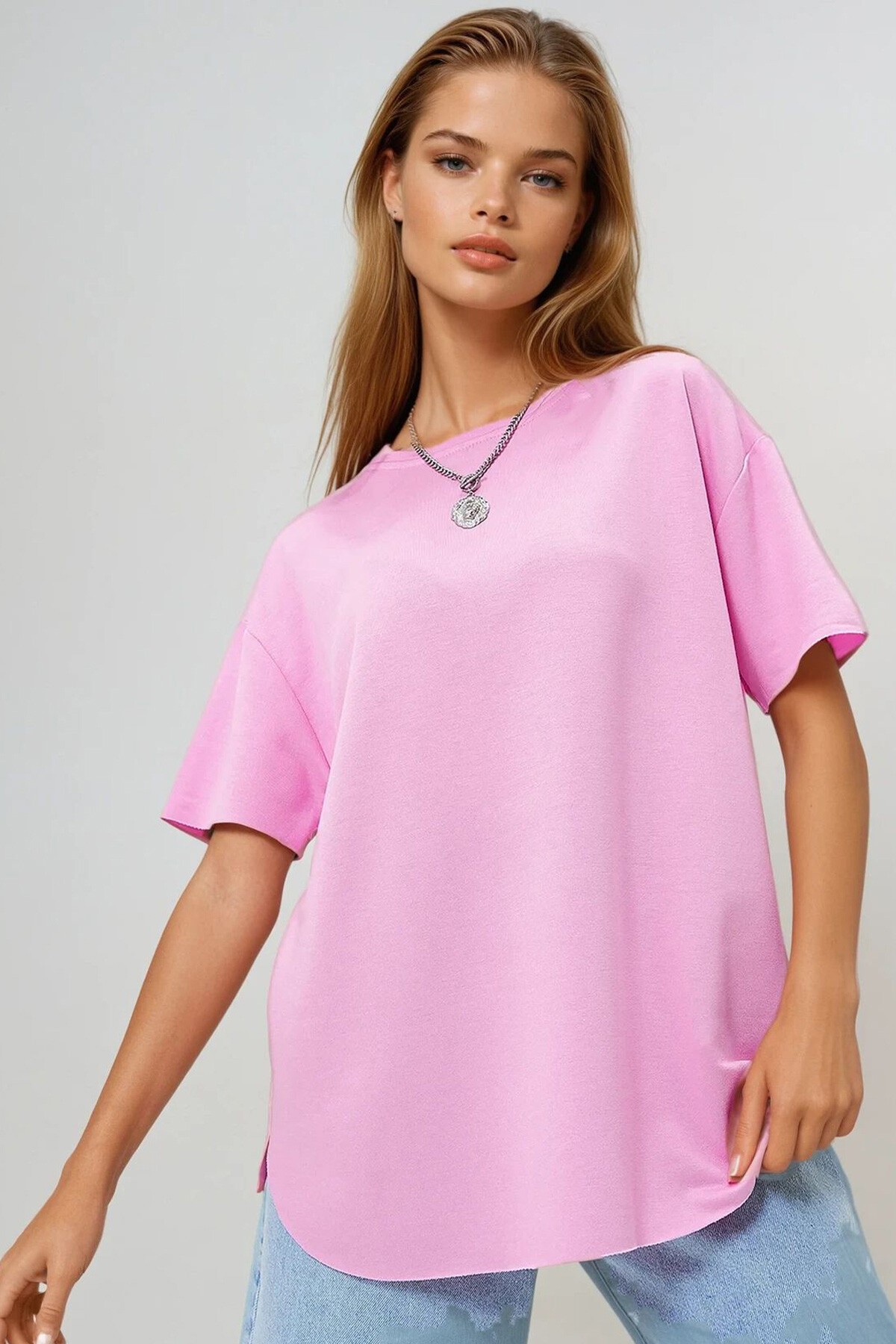 Pembe Bisiklet Yaka Oval Kesim Modal T Shirt