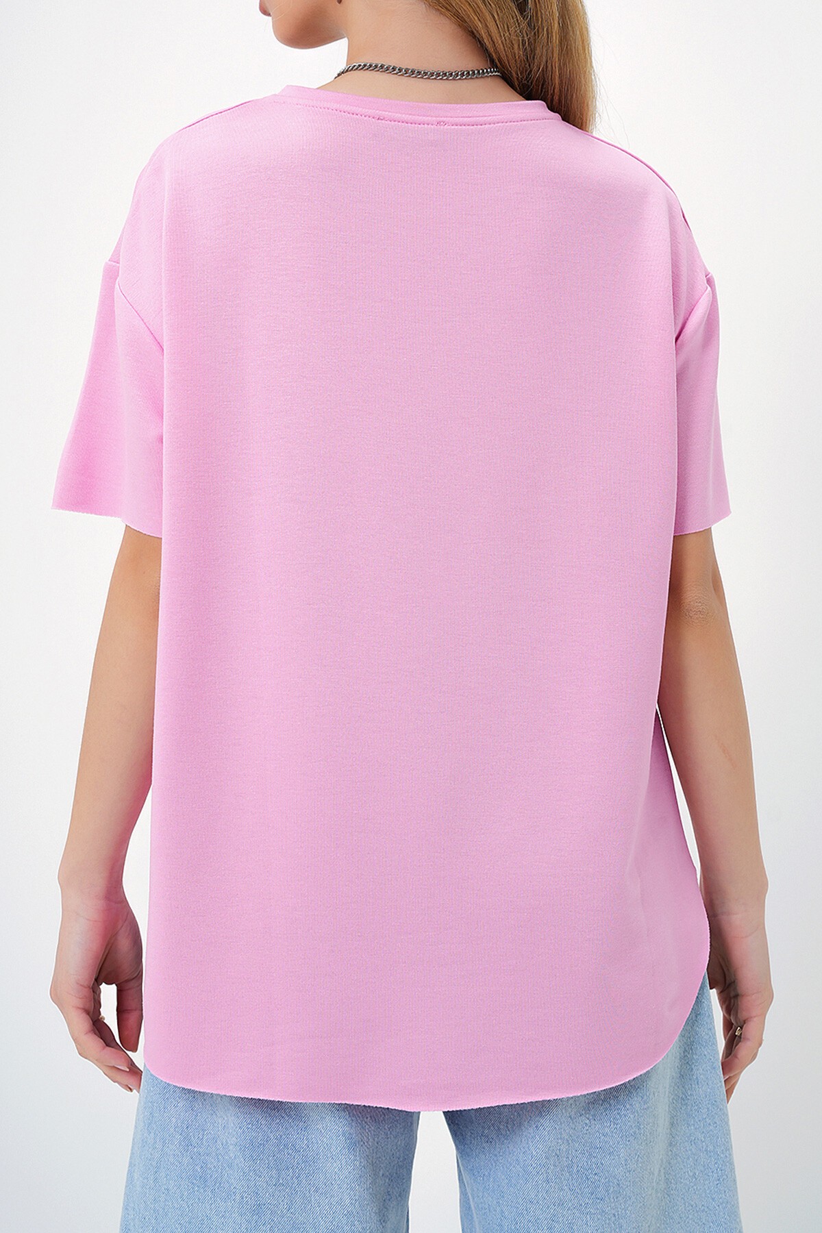 Pembe Bisiklet Yaka Oval Kesim Modal T Shirt