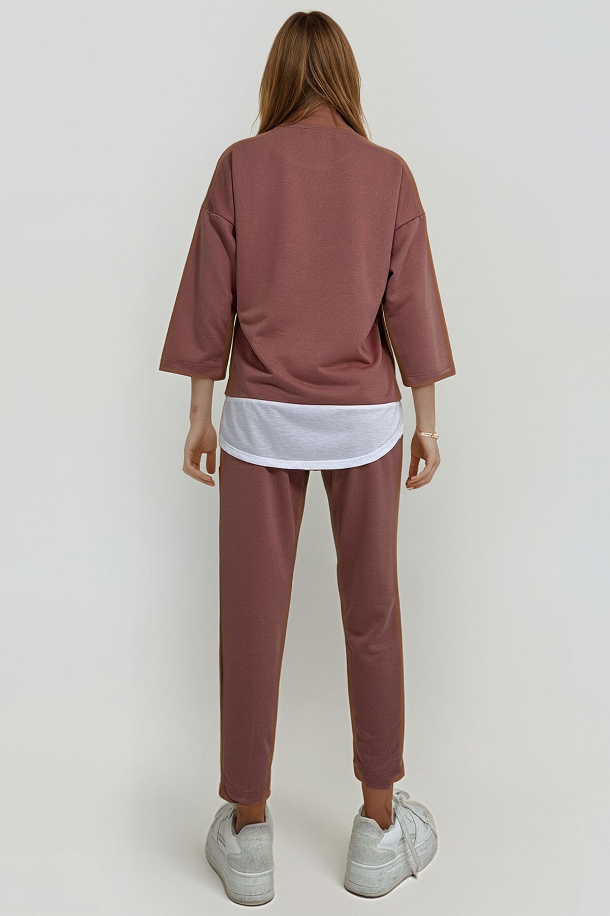Pembe Bisiklet Yaka Renk Garnili Bluz Ve Çift Cepli Nervür Dikişli Pantolon İkili Takım