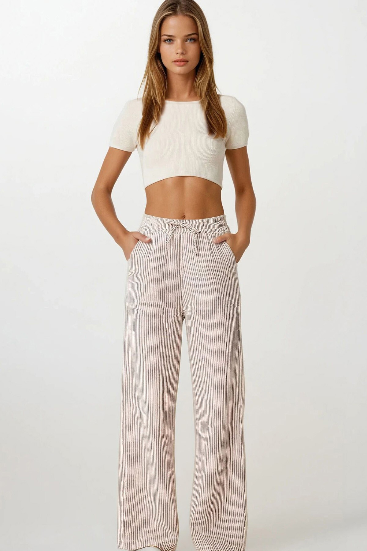 Pembe Çift Cepli Çizgili Müslin Palazzo Pantolon