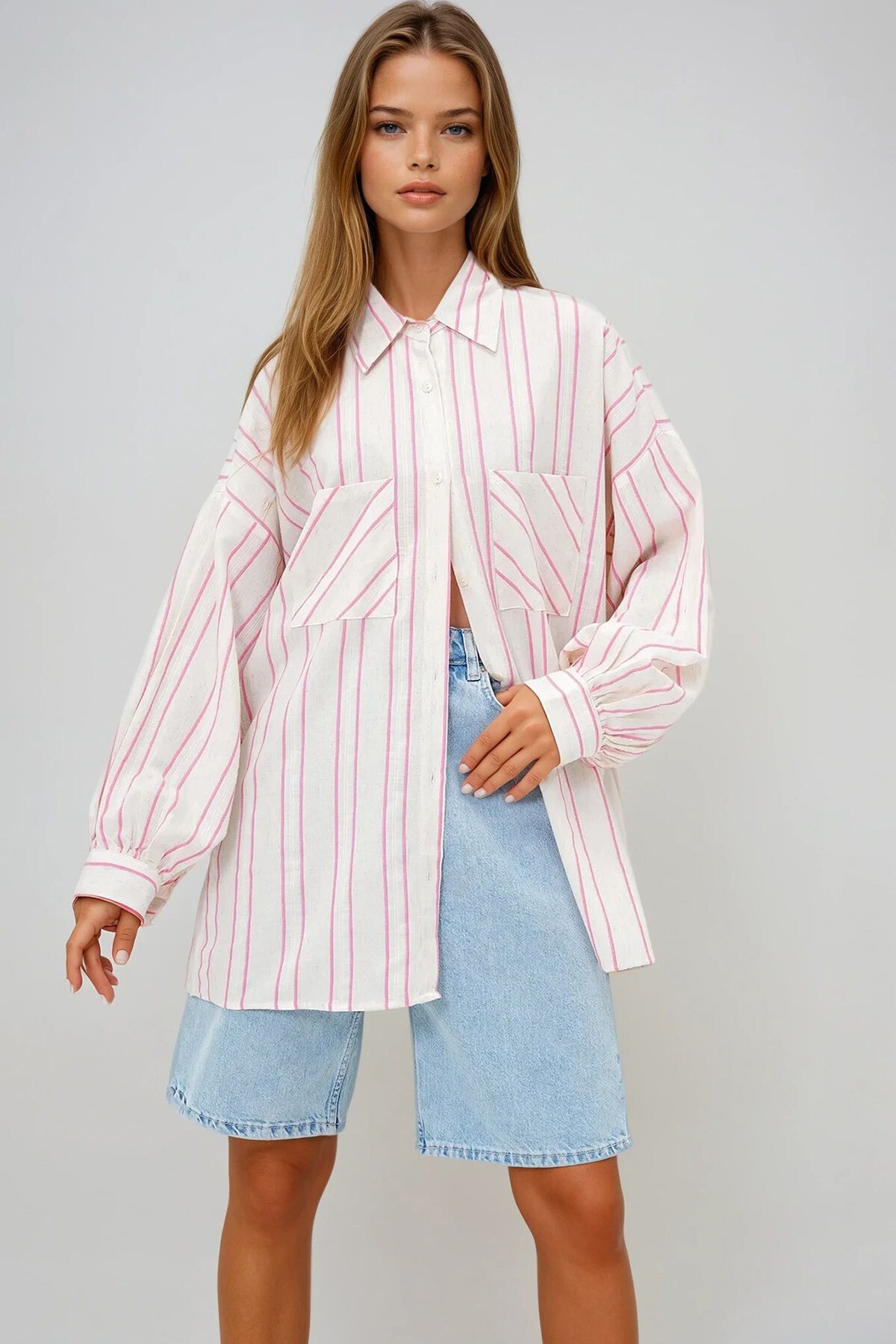 Pembe Çift Cepli Keten Karışımlı Oversize Çizgili Gömlek