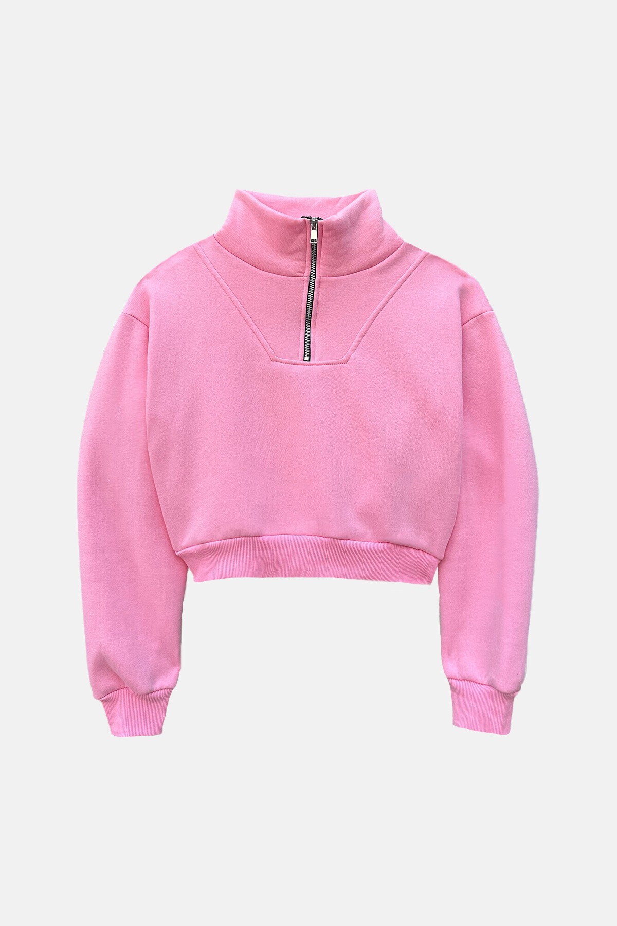 Pembe Dik Yaka Fermuarlı Sweatshirt