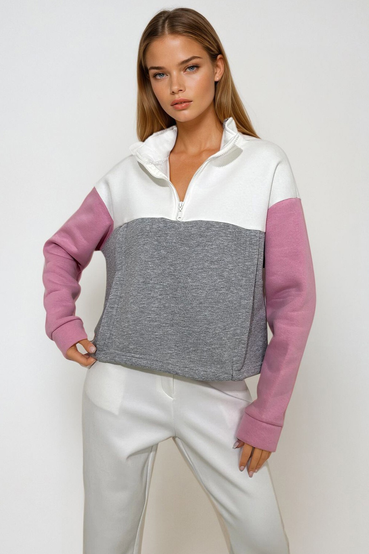Pembe Dik Yaka Yarım Fermuarlı Renk Bloklu Sweatshirt