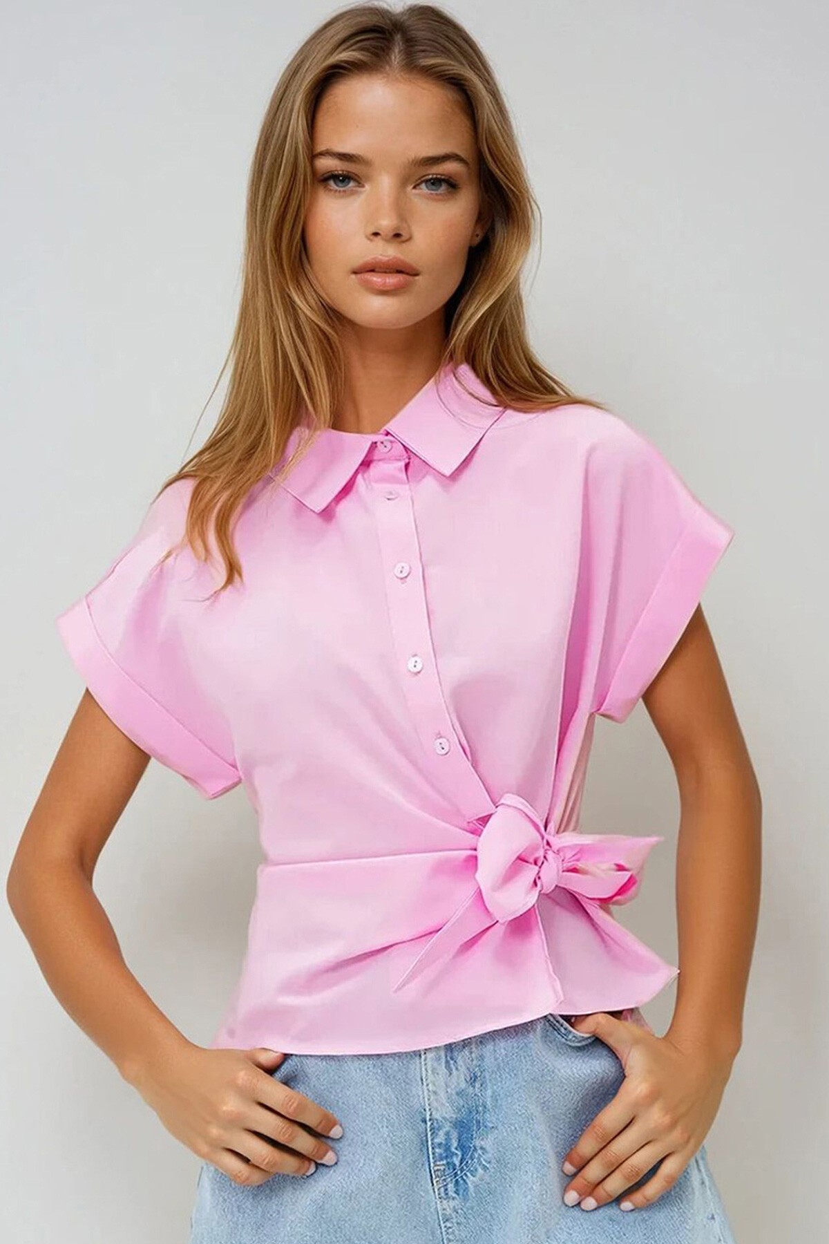 Pembe Double Kol Bağlama Detaylı Poplin Gömlek