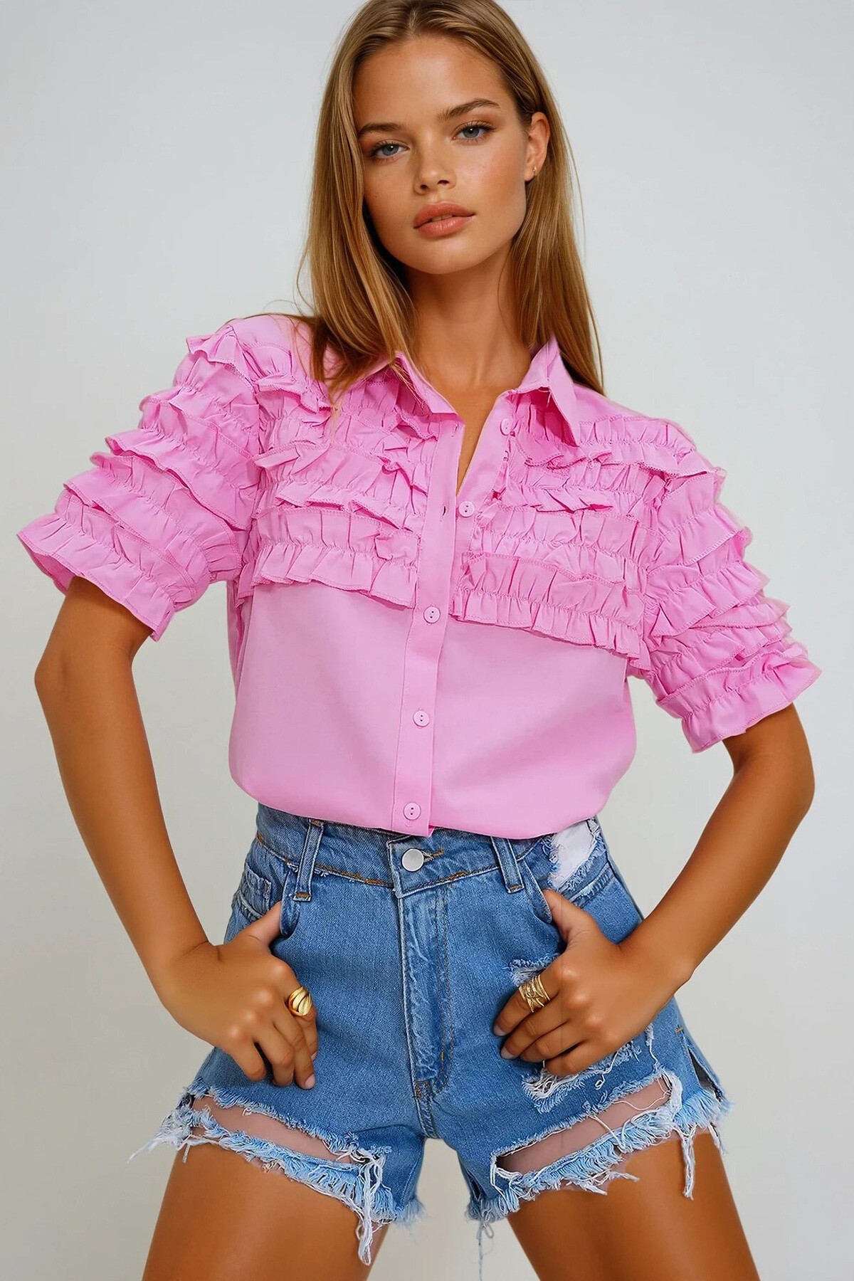 Pembe Fırfırlı Kısa Kol Gömlek