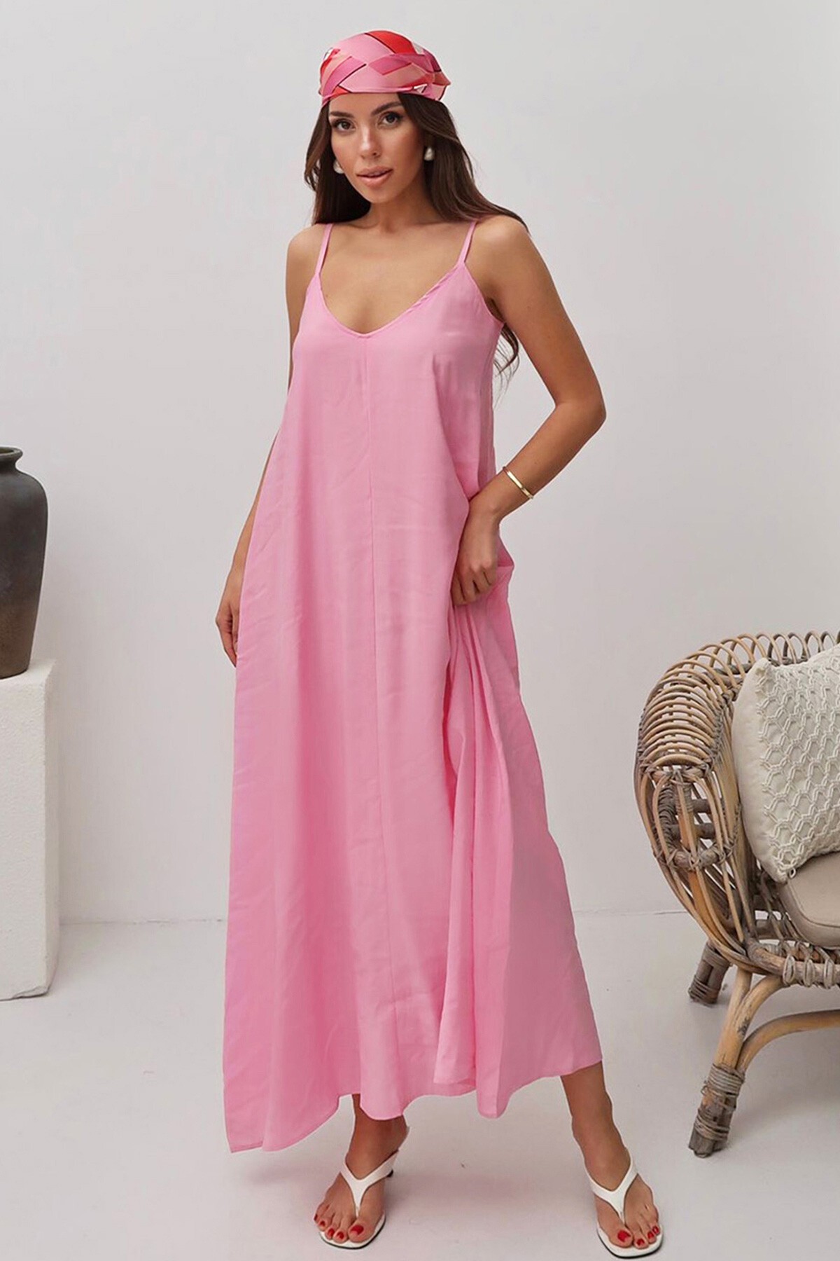 Pembe İp Askılı Salaş Astarlı Dökümlü Elbise