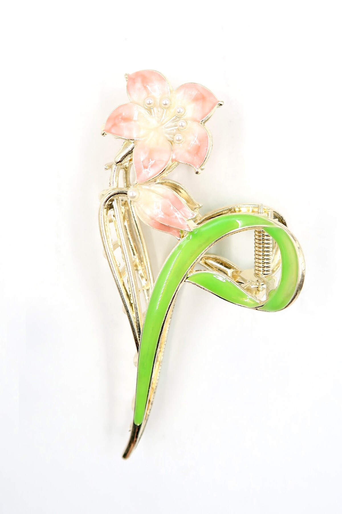 Pembe Kabartmalı Mineli Çiçek Motifli Mini İncili Saç Tokası