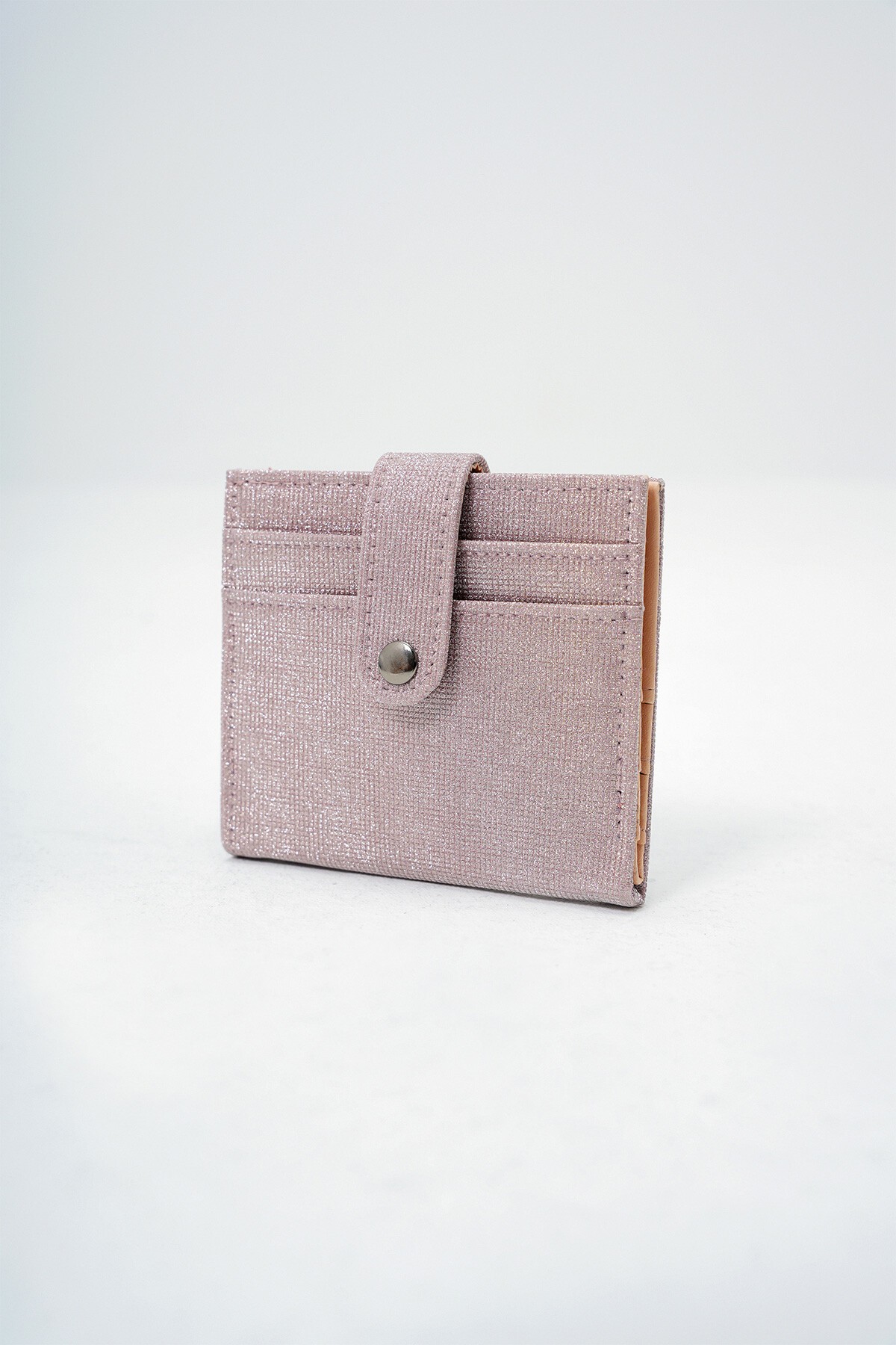 Pembe Kağıt Para Bölmeli Çıtçıt Kapamalı Şık Simli Cüzdan Kartlık