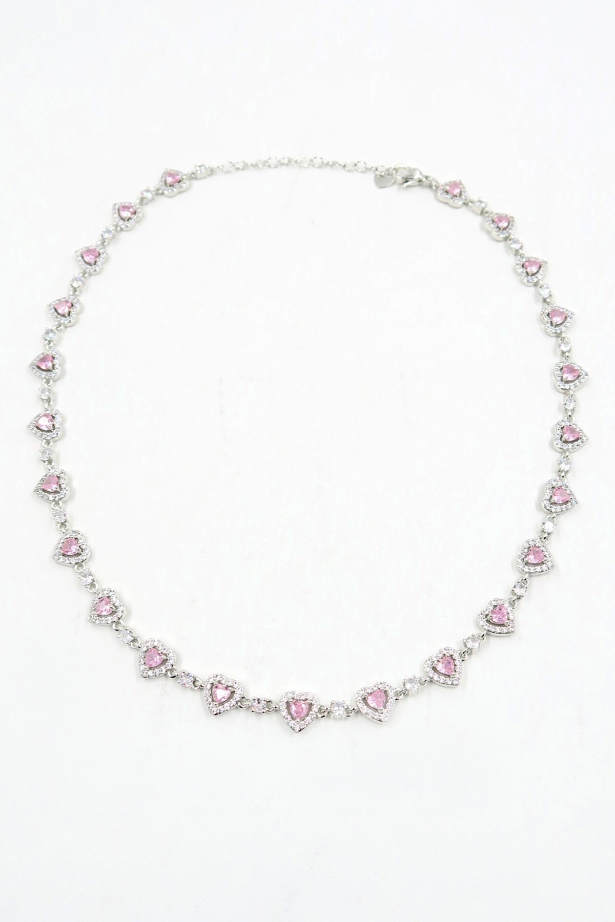 Pembe Karışık Kesimli Zirkon Taşlı Kalp Tasarım Kolye