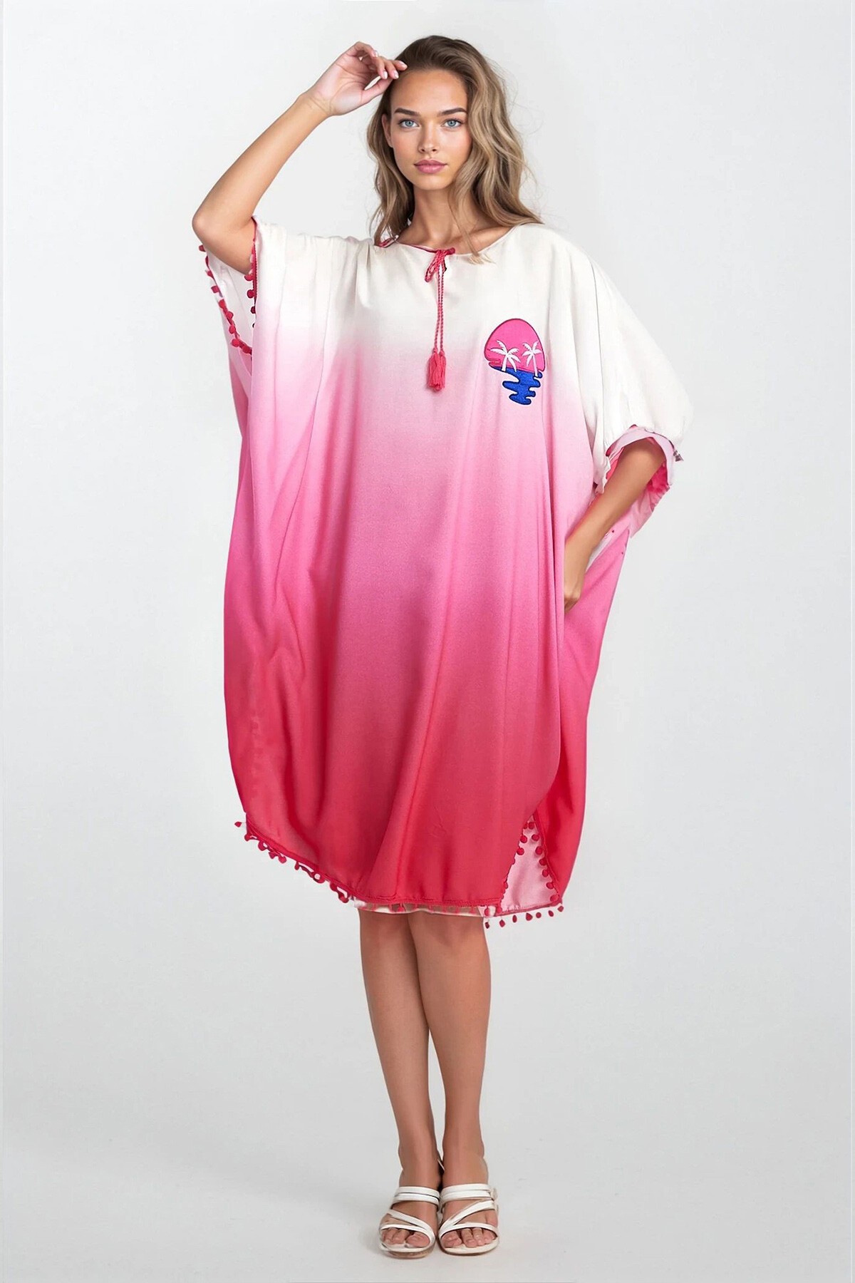 Pembe Kayık Yaka Püsküllü Büyük Beden Viskon Elbise