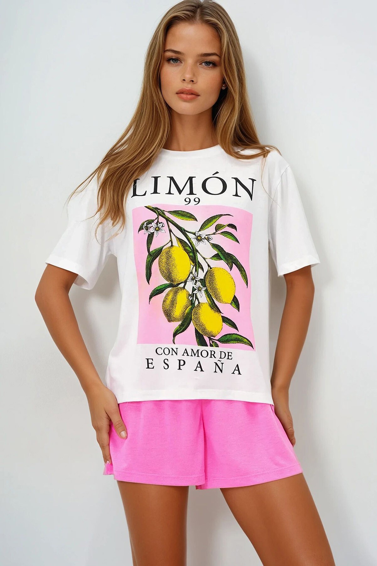 Pembe Limon Baskılı Pamuklu Basic T Shırt Ve Şortlu Pijama Takımı