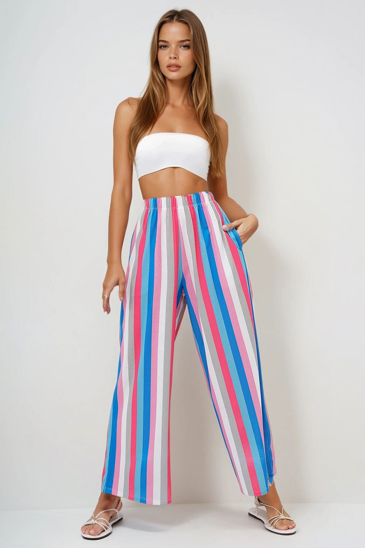 Pembe Mavi Çift Cepli Çizgi Desenli Geniş Paça Yazlık Pantolon