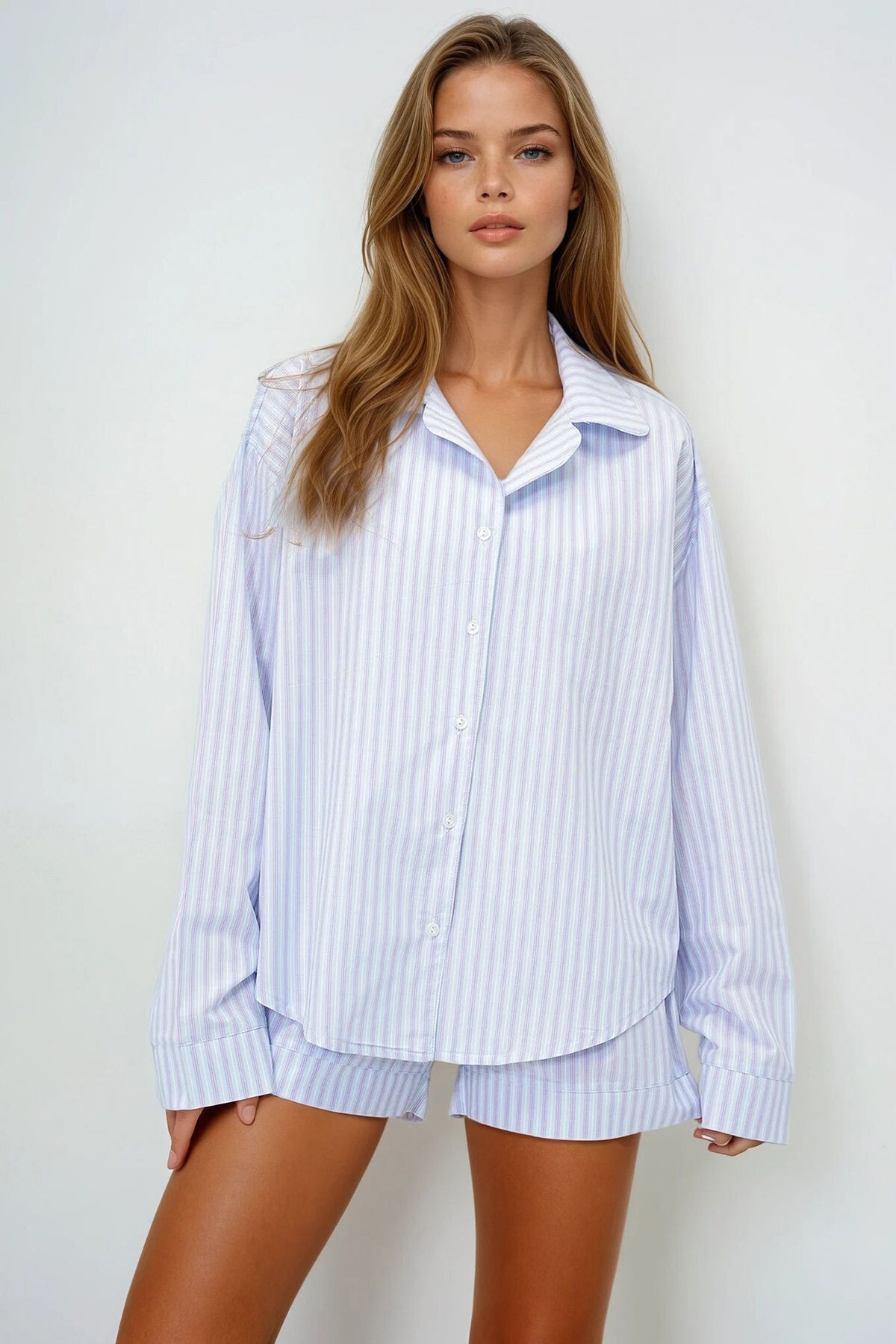 Pembe Mavi Duble Manşet Ve Paça Detaylı Dokuma Gömlek Ve Şortlu Pijama Takımı