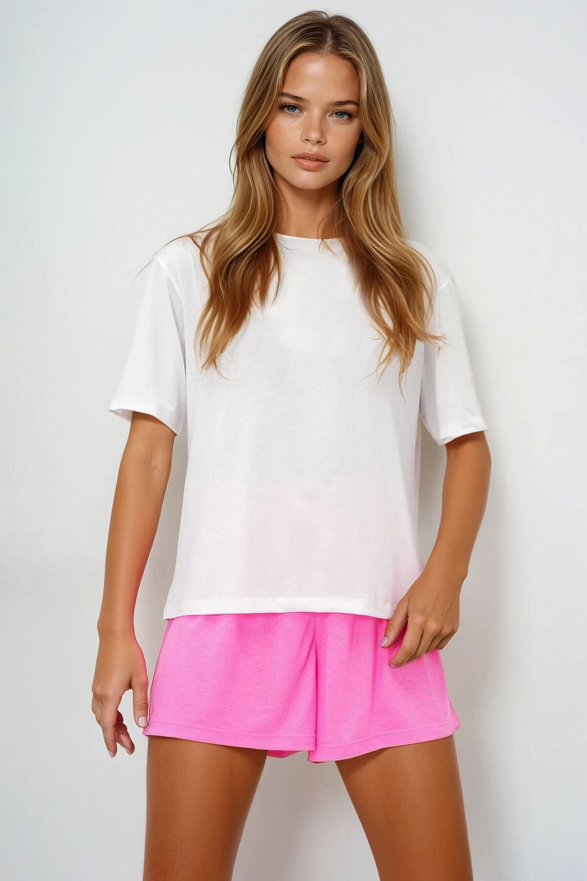 Pembe Pamuklu Basic T Shırt Ve Bağlamalı Şortlu Penye Alt Üst Takım
