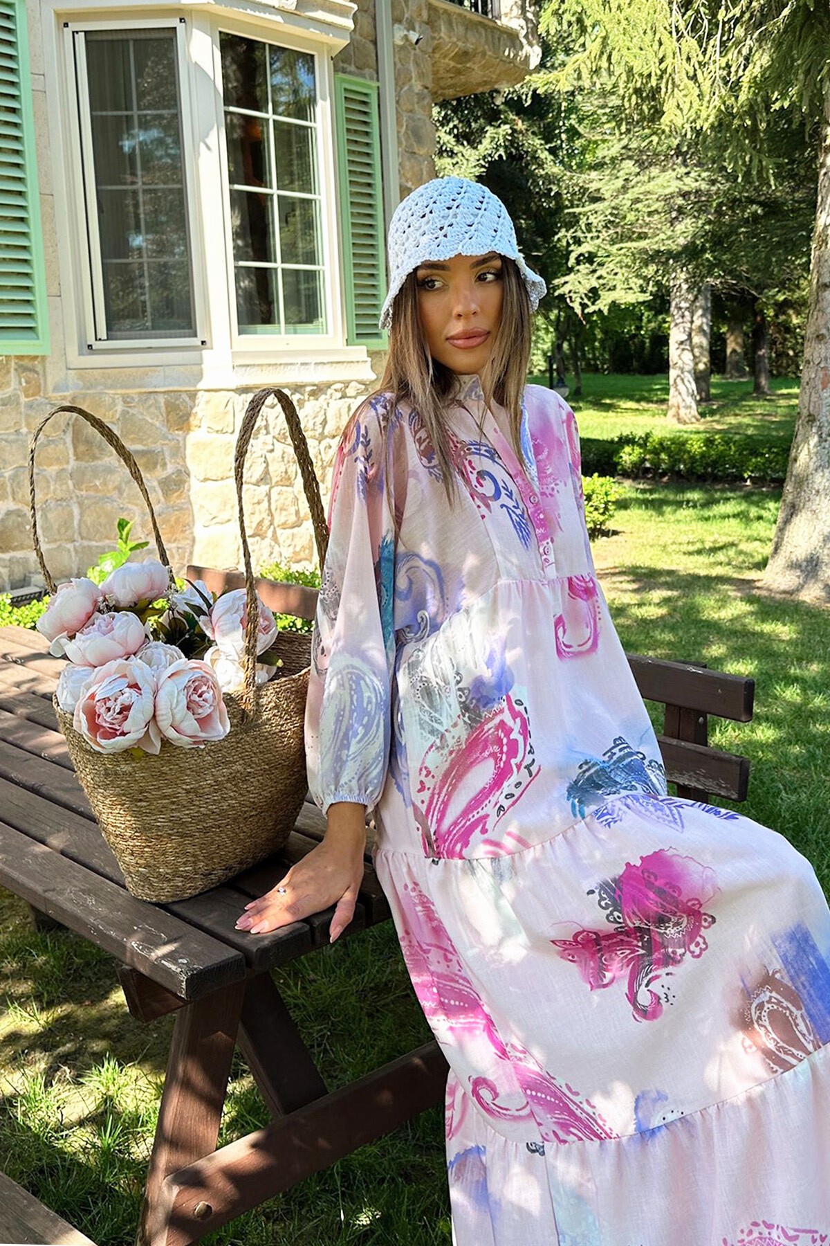 Pembe Renk Bloklu Hakim Yaka Yarım Patlı Maxi Boy Keten Elbise