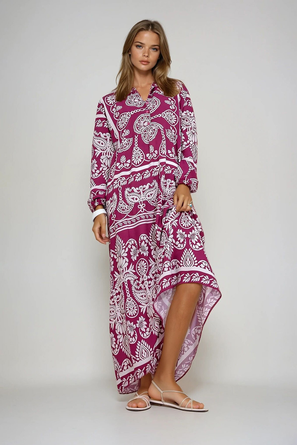 Pembe Robası Düğme Detaylı Volanlı Desenli Dokuma Viskon Elbise