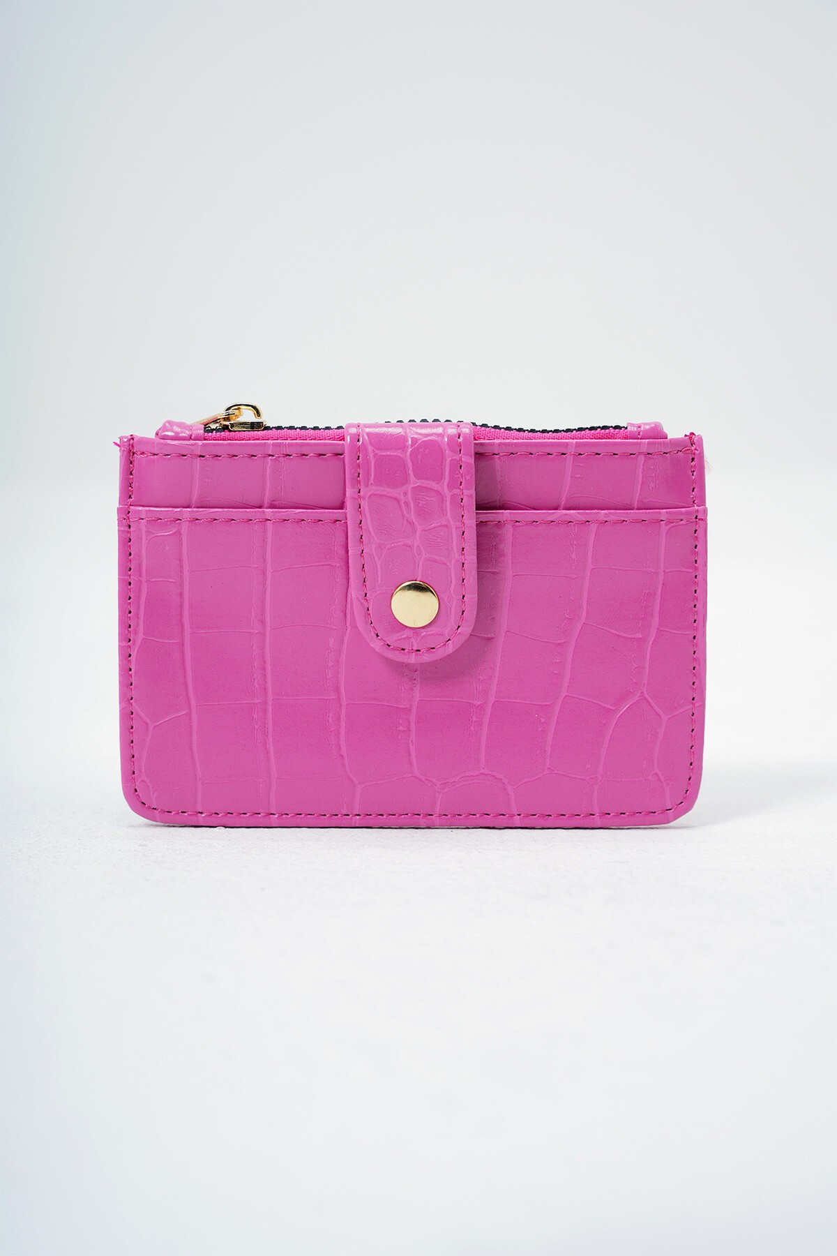 Pembe Suni Deri Bozuk Para Bölmeli Croco Desen Orta Boy Kartlık