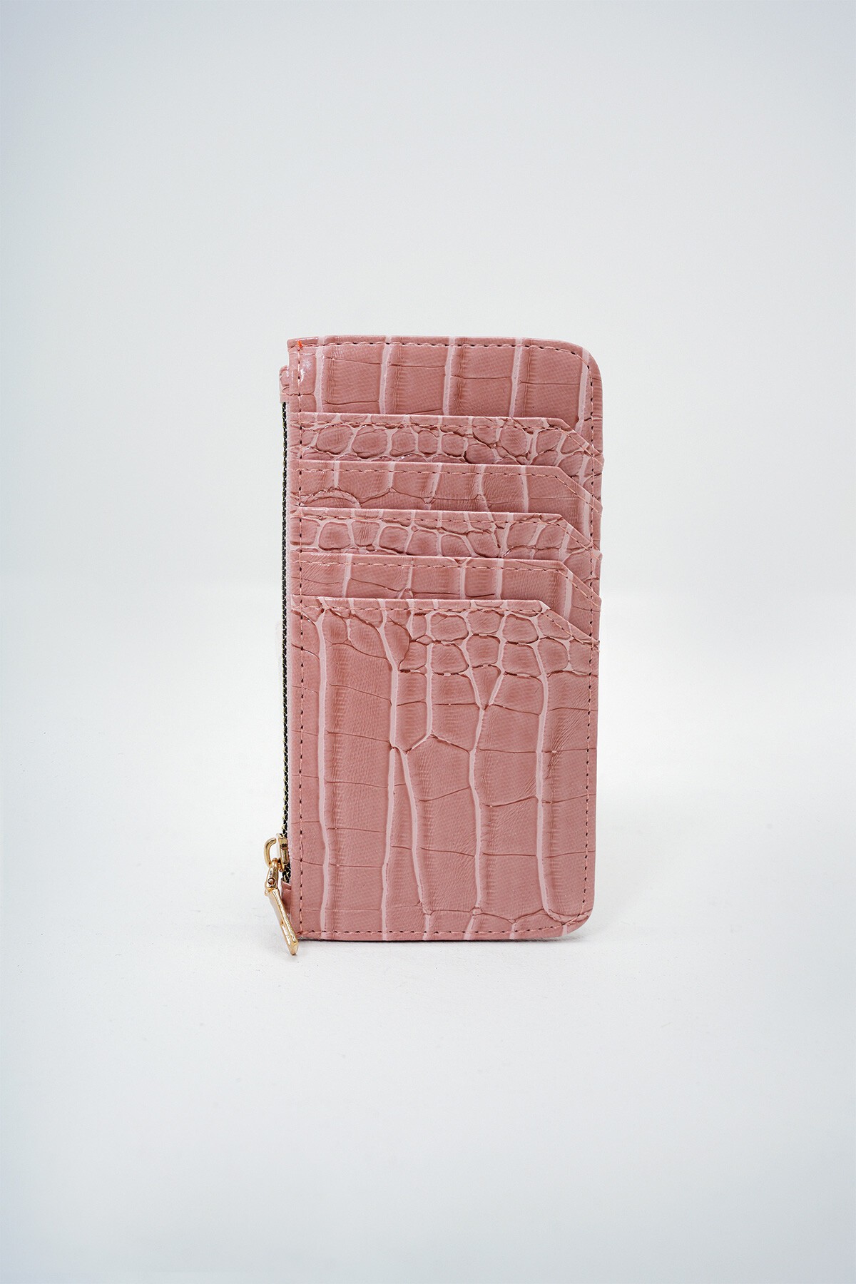Pembe Suni Deri Fermuarlı Para Bölmeli Croco Desen İnce Kartlık